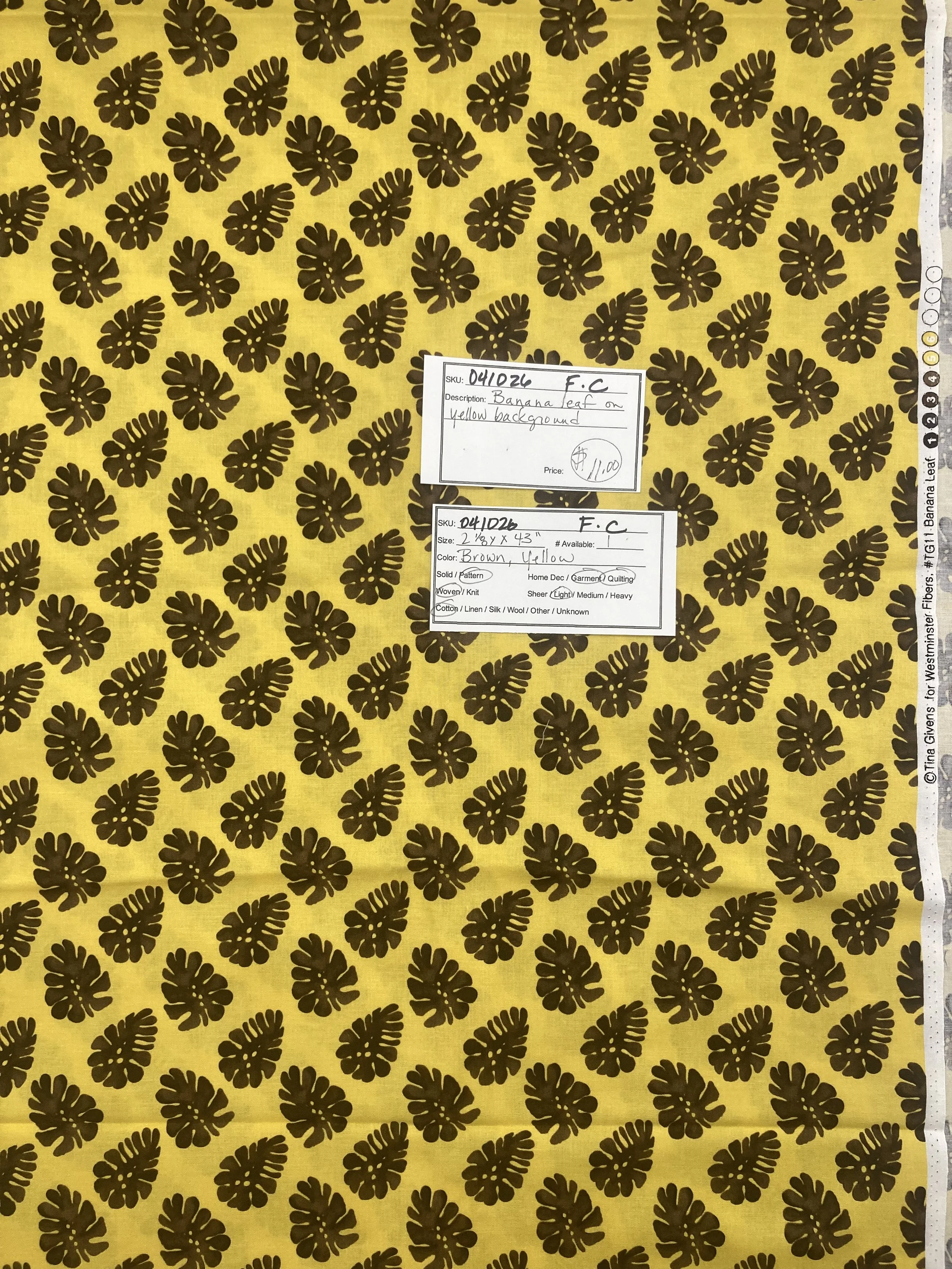 041026-F-C Banana leaves on yellow; Cotton; 2 1/8 yds x 43"