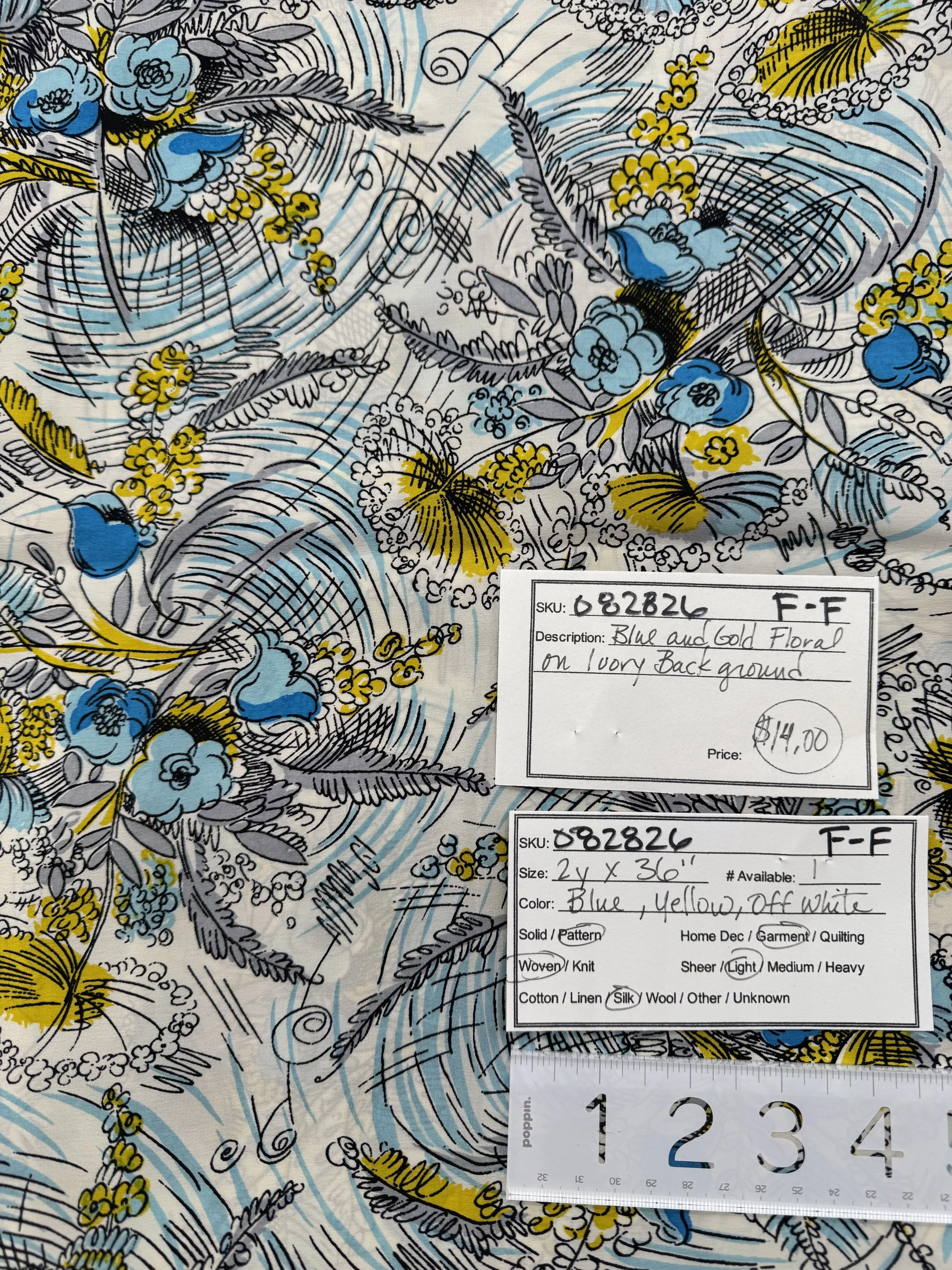082826-F-F Blue and gold floral; Silk; 2 yds x 36"