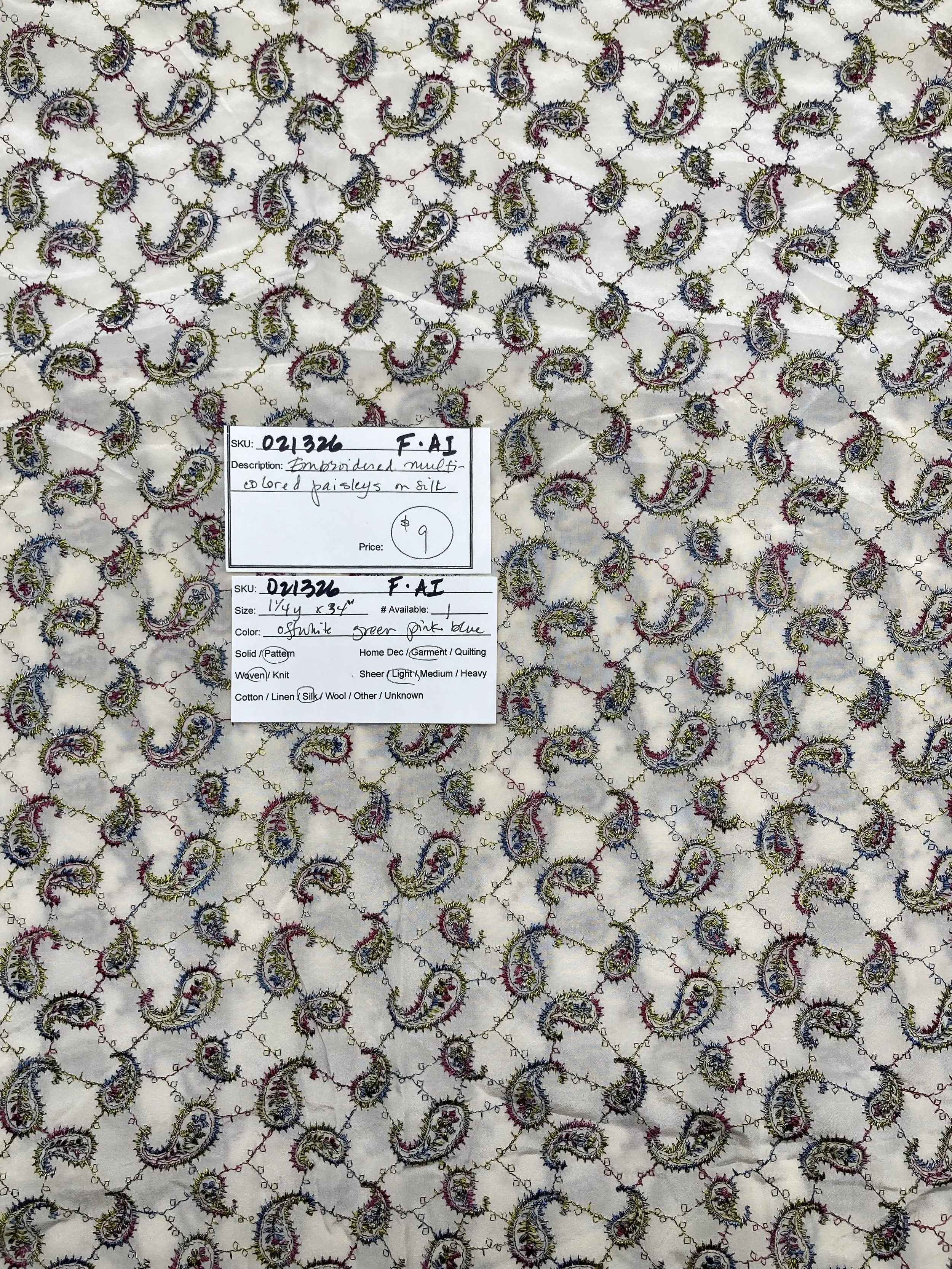 021326-F-AI Embroidered paisleys; Silk; 1 1/4 yds x 34"