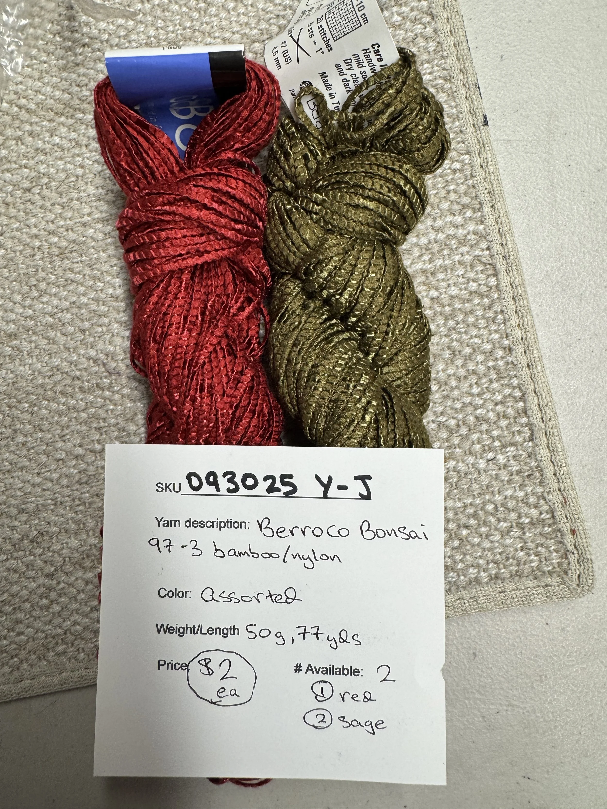 093025-Y-J Berroco Bonsai 97/3 bamboo/nylon, red or sage, 50g, 77 yd
