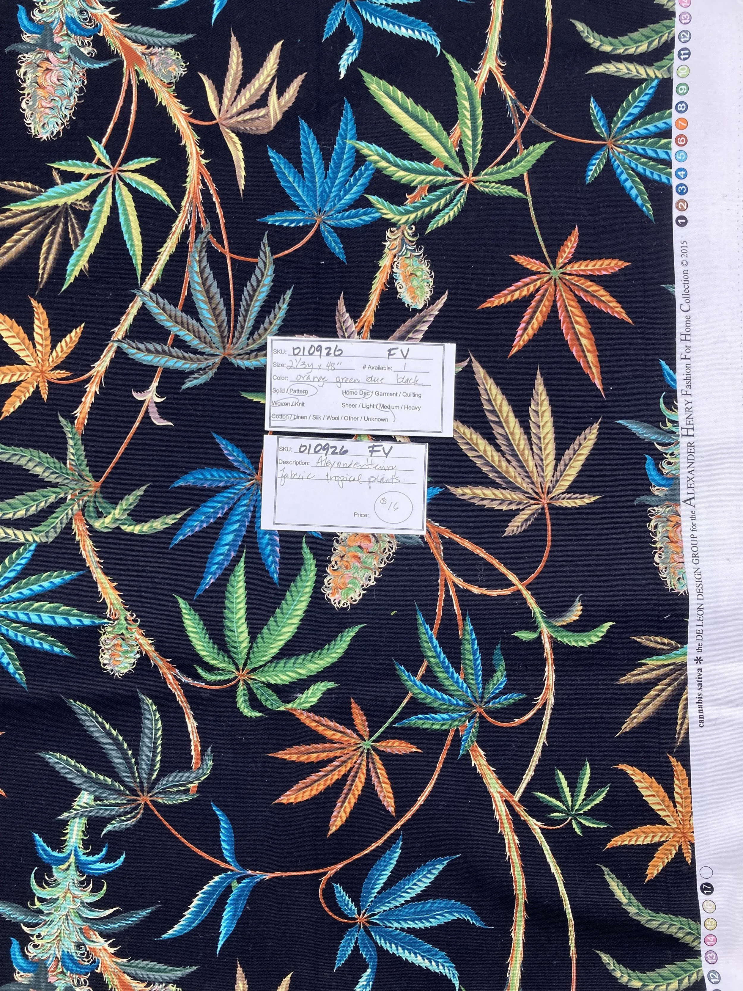 010926-F-V Tropical plants on black, Cotton; 2 1/3 yd x 48"