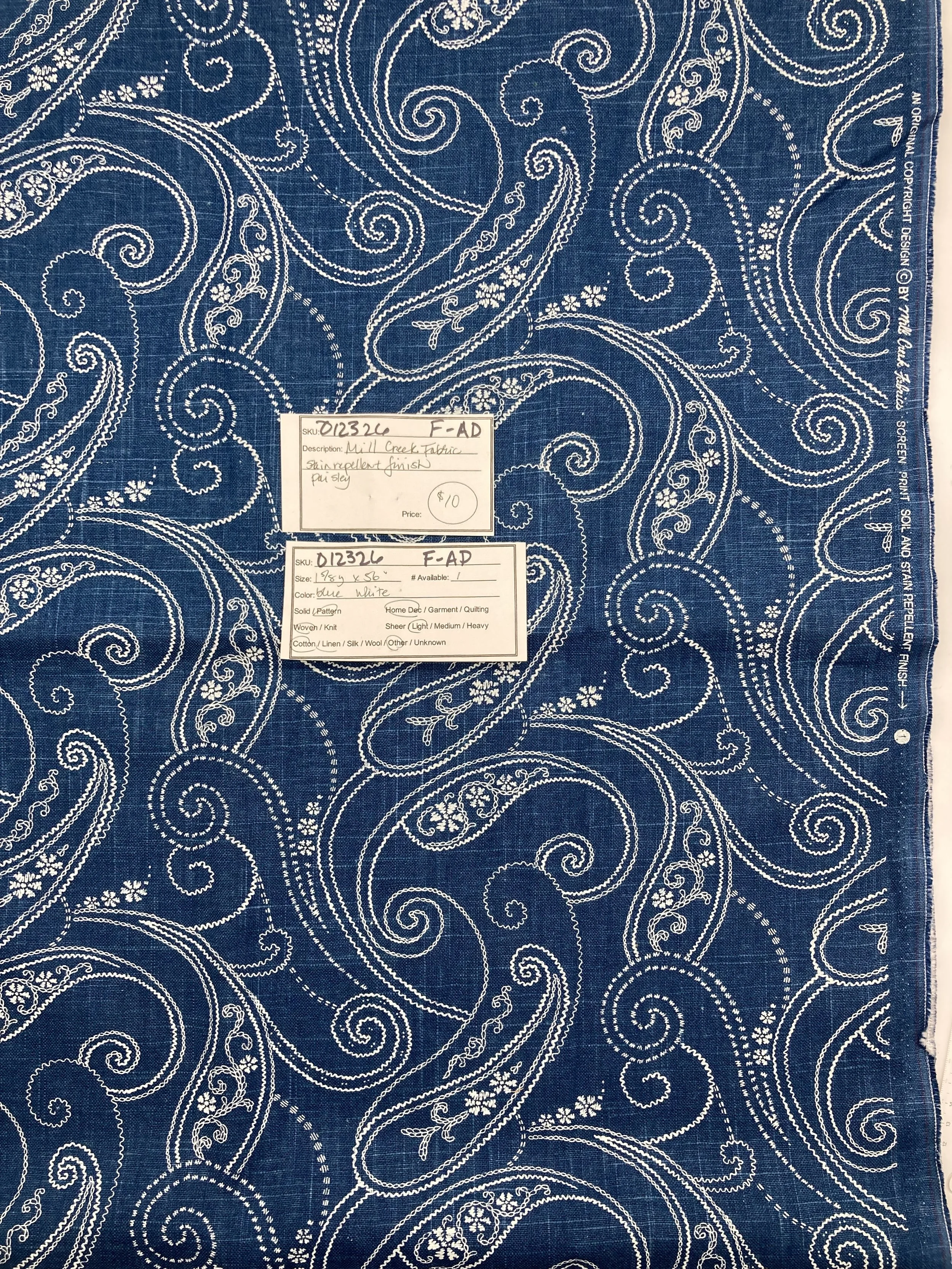 012326-F-AD Paisley pattern on blue; Cotton; 1 5/8 yds x 56"