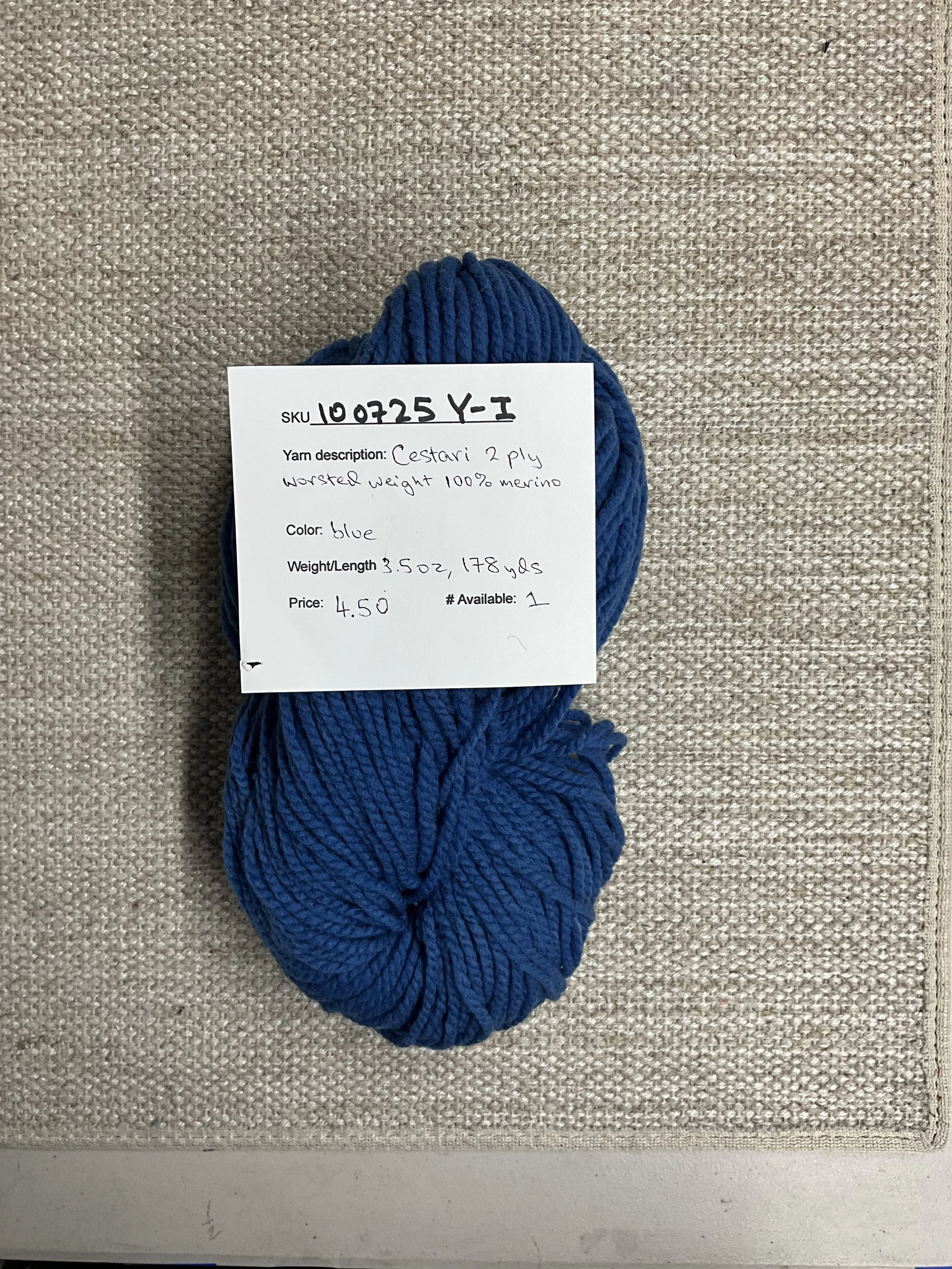 100725-Y-I Two-ply worsted weight 100% merino; 3.5oz, 178yds