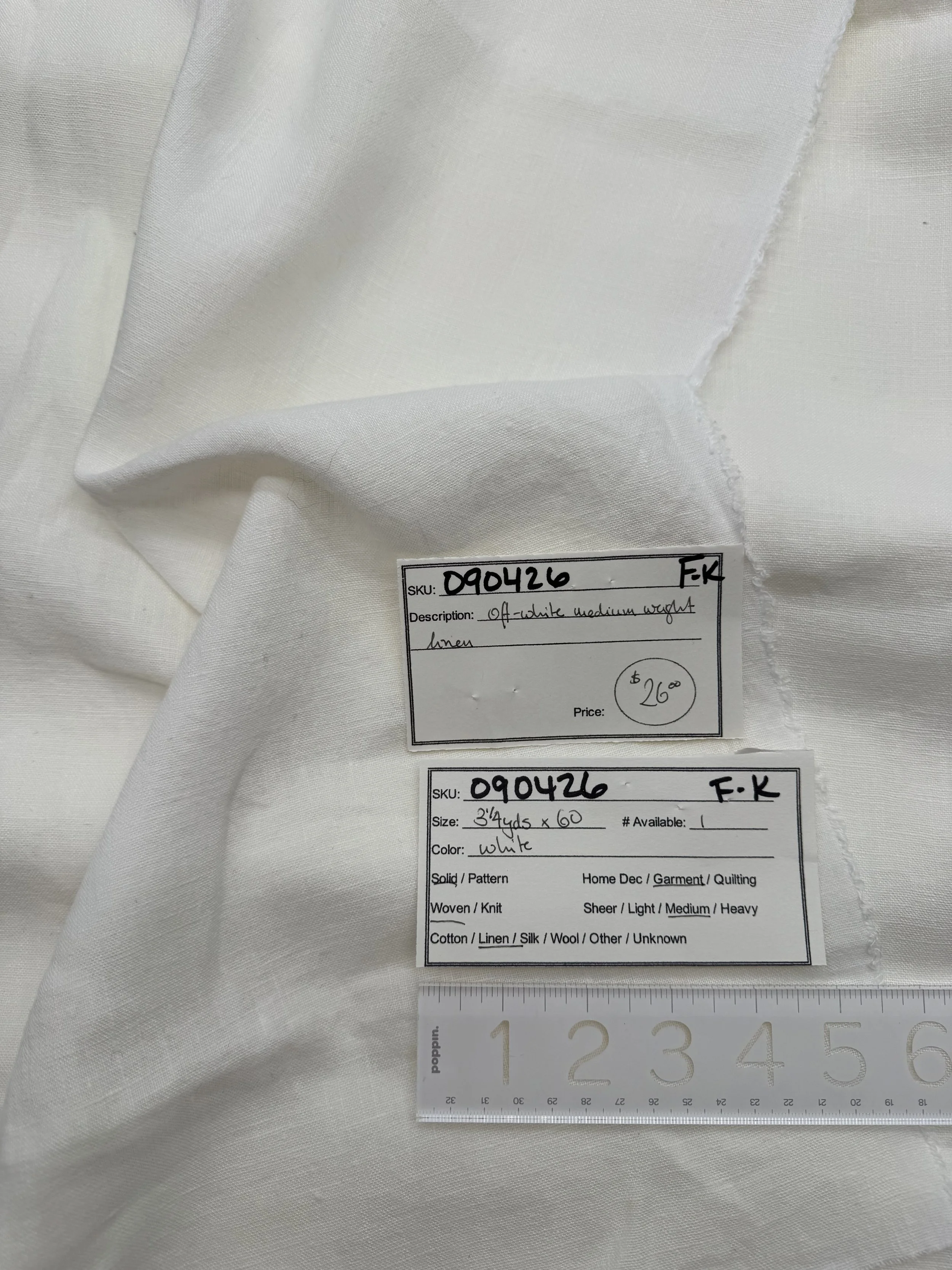 090426-F-K Off-white medium-weight linen; 3 1/4 yd x 60"