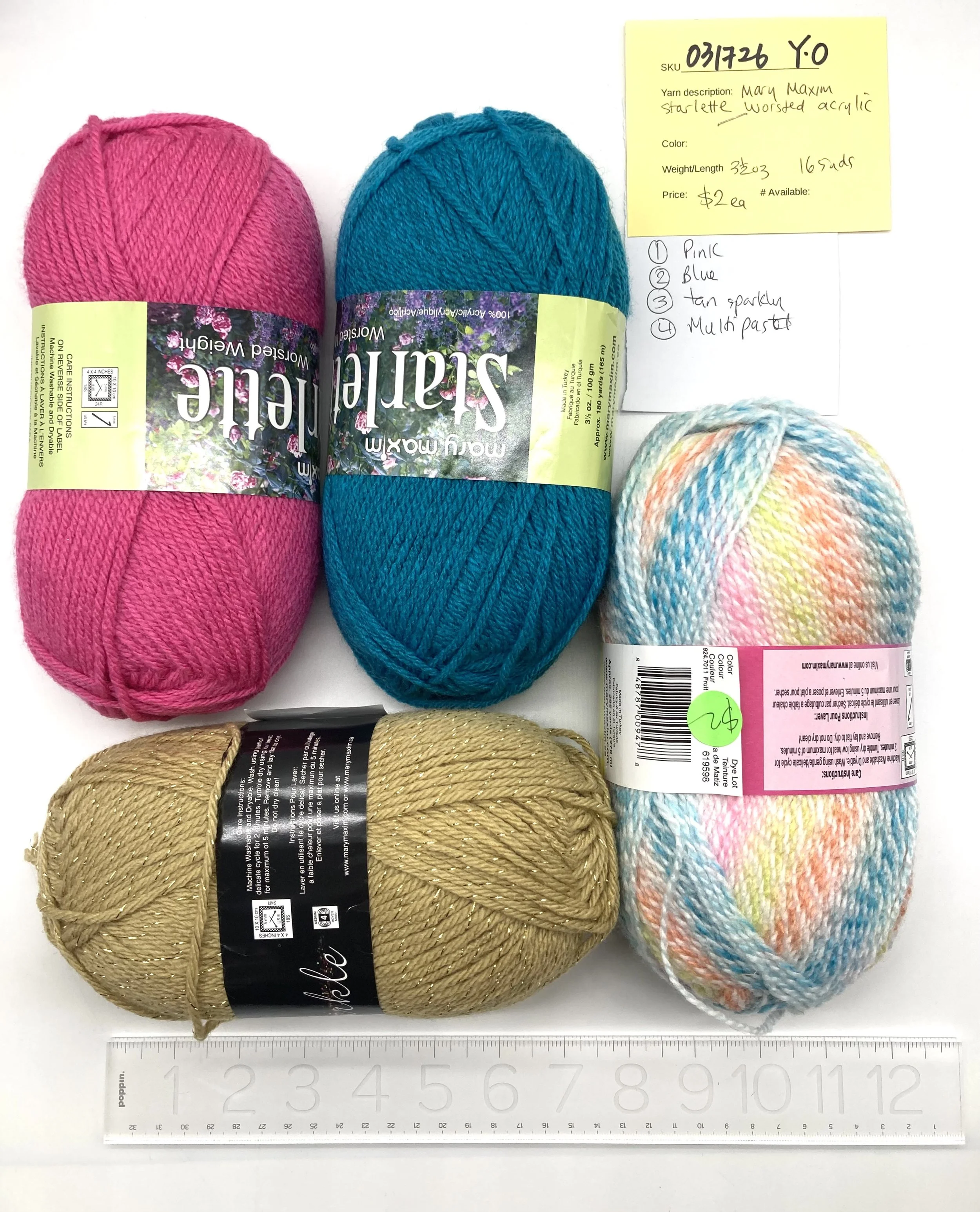 031726-Y-O Mary Maxim Starlette worsted acrylic, 3.5oz, 165yd, 4 colors avail