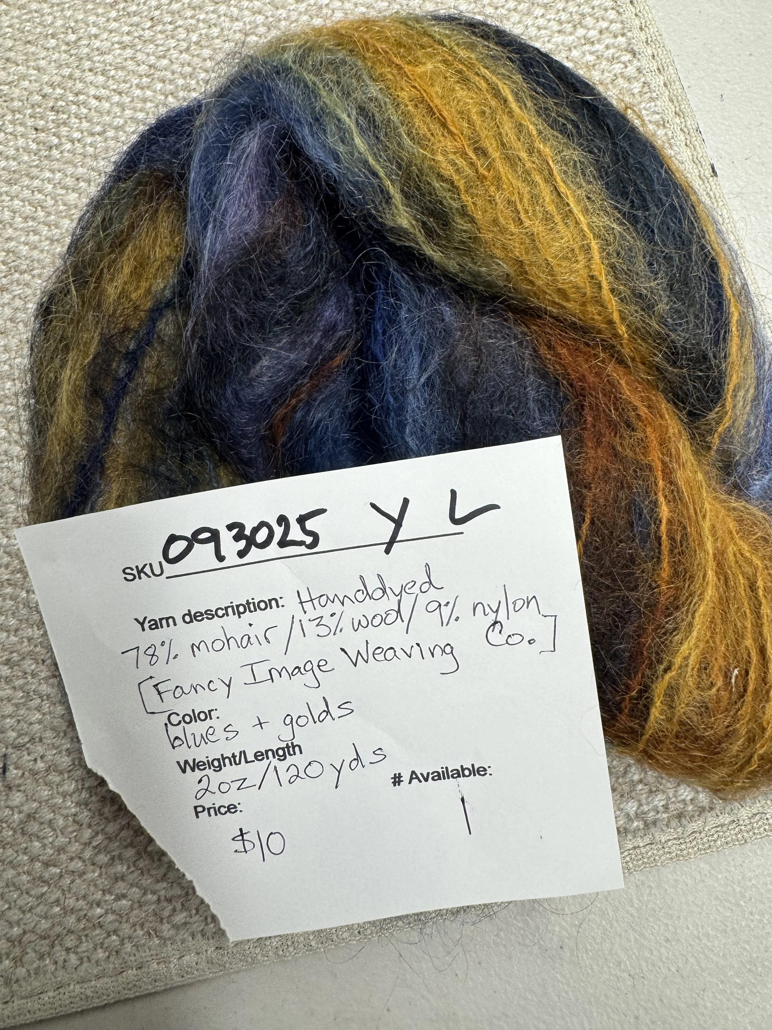 093025-Y-L Fancy Image Weaving Hand-dyed 78/13/9 mohair/wool/nylon in blues/golds, 2 oz, 120 yd