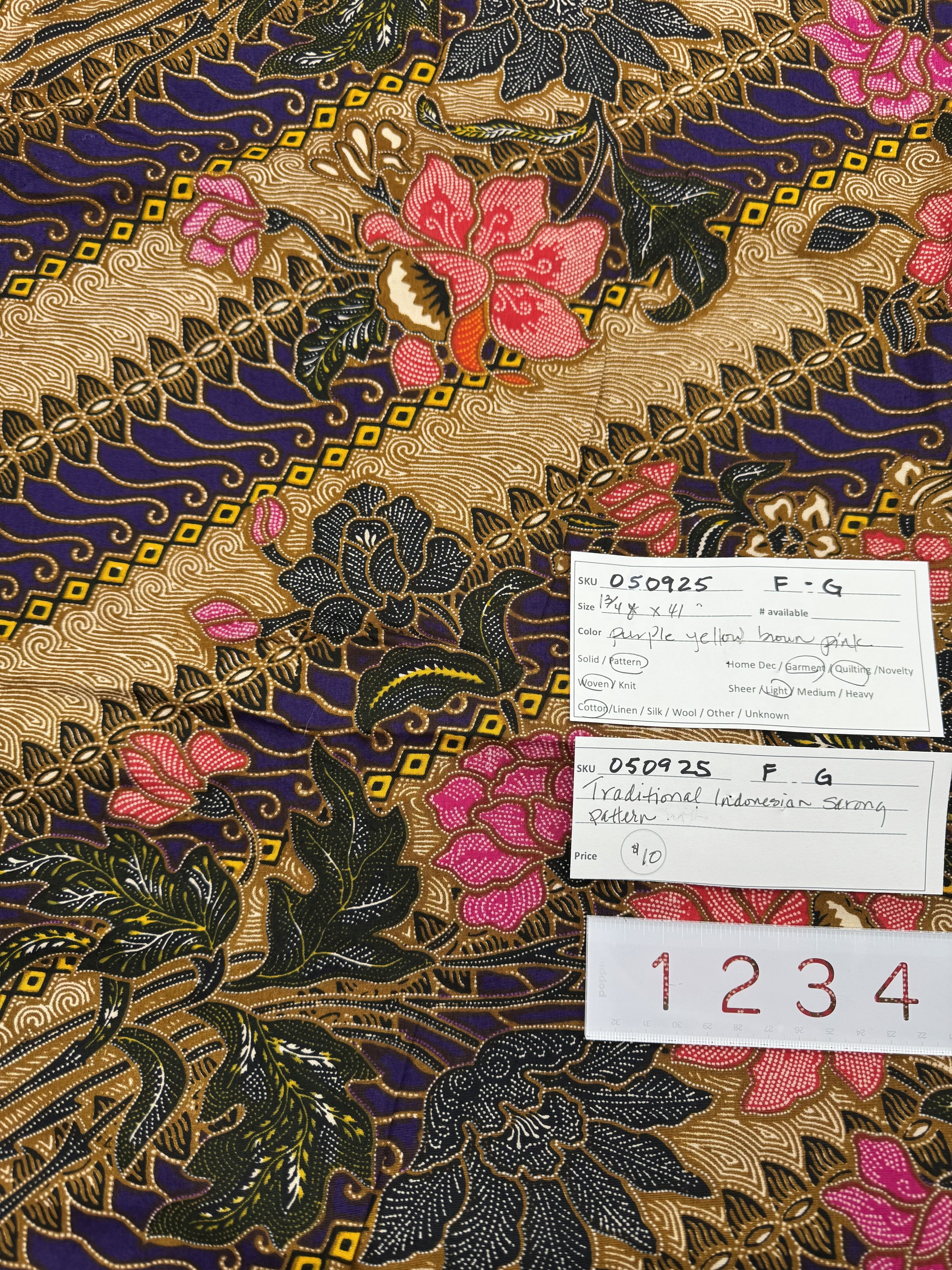 050925-F-G Traditional Indonesian Sarong, Purple/Yellow/Brown, Cotton; 1 3/4 yd x 41"
