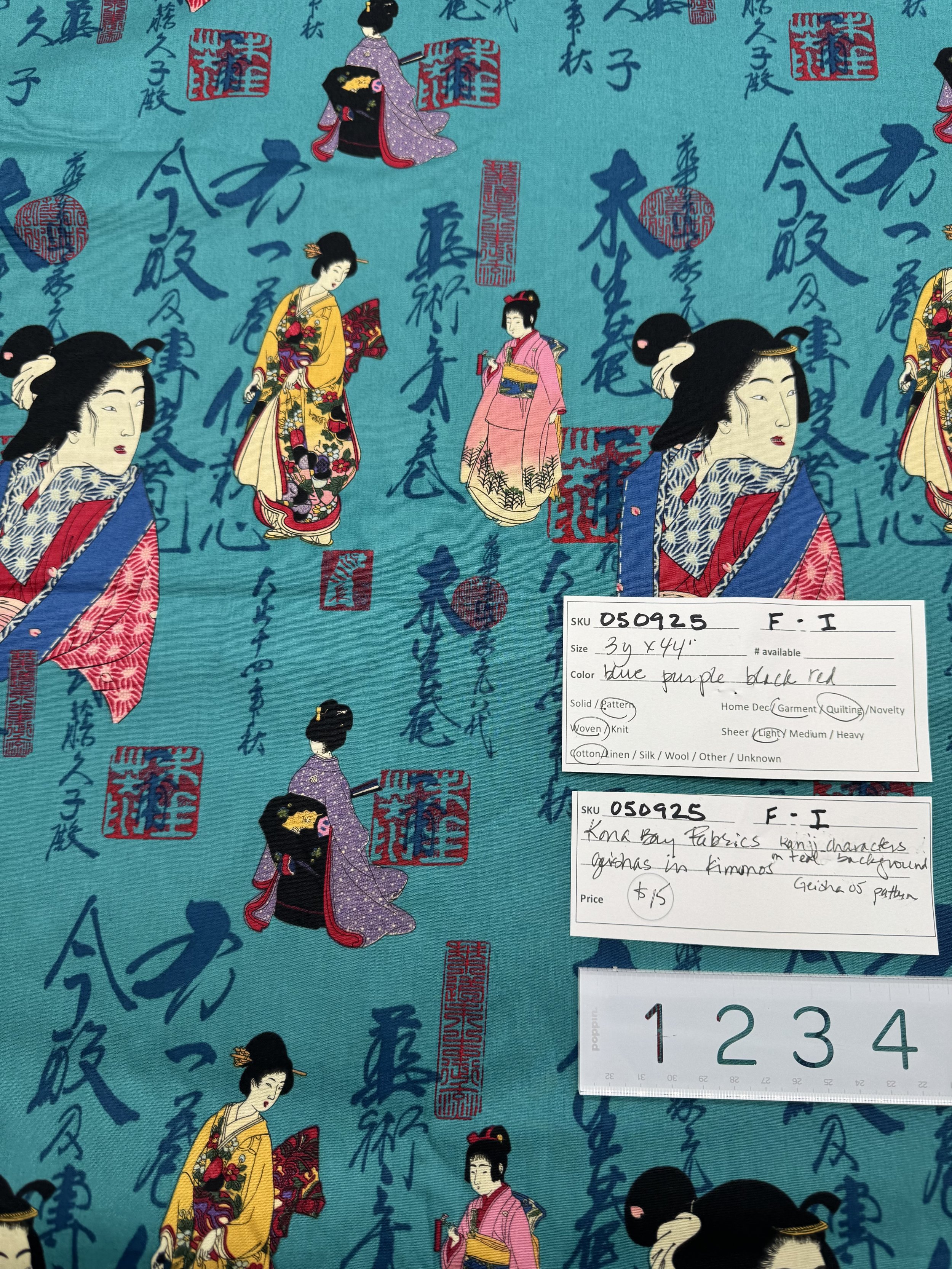 050925-F-I Geishas in kimonos on teal background, Quilting Cotton; 3 yd x 44"