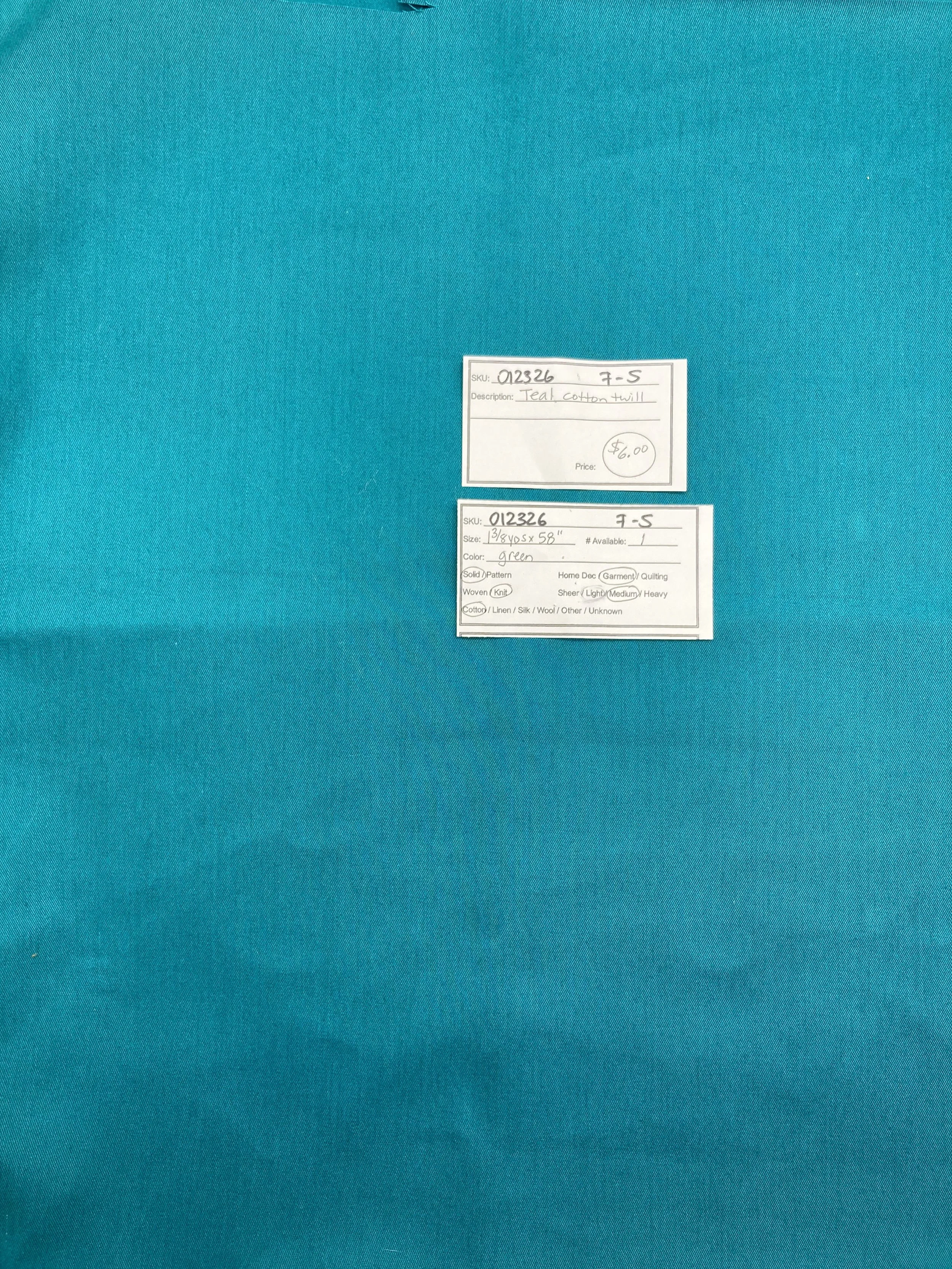 012326-F-S Teal cotton twill; 1 3/8 yds x 58"