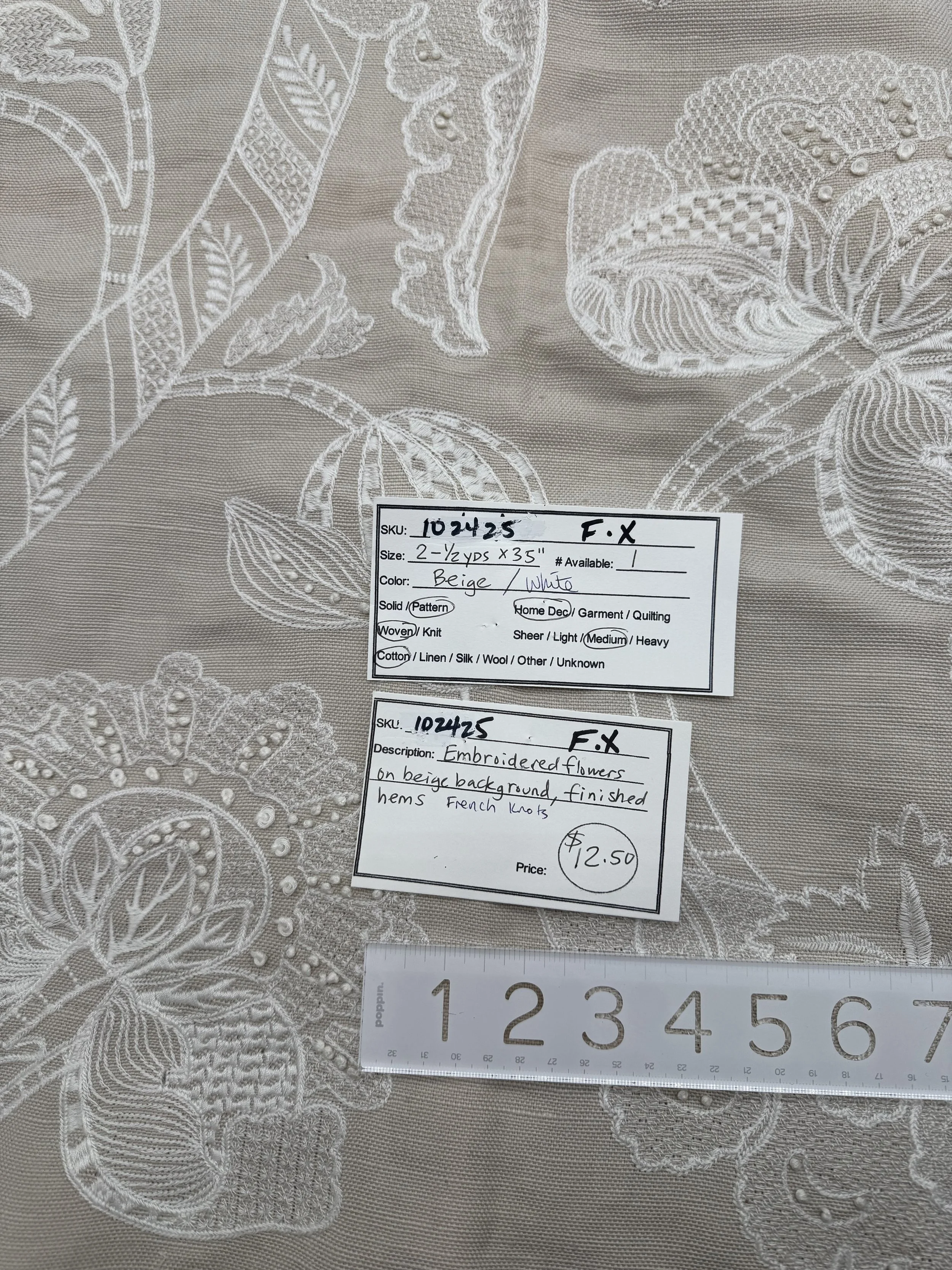 102425-F-X Embroidered flowers on beige; Cotton; 2 1/2 yds x 35"