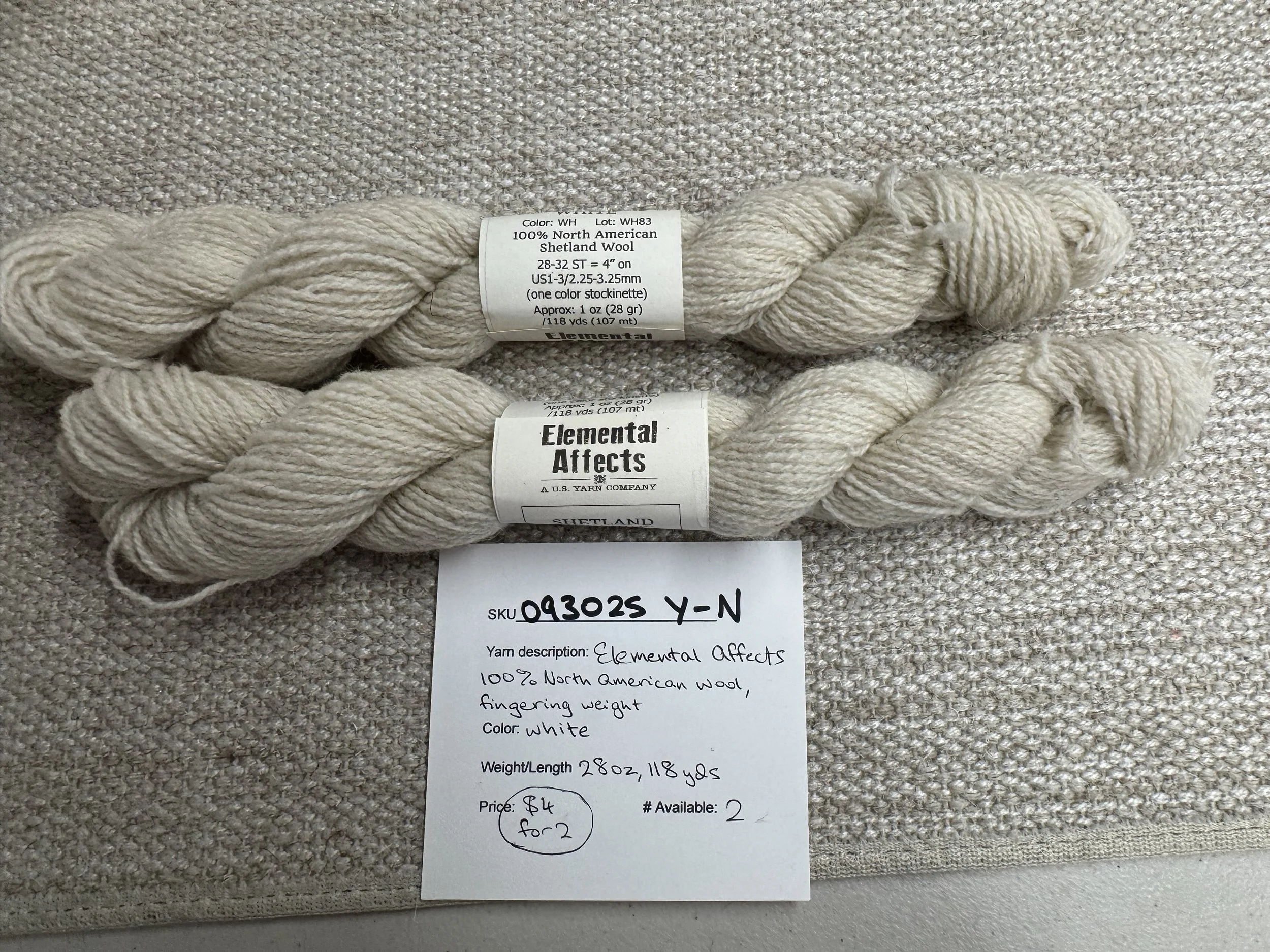 093025-Y-N Elemental Affects 100% N. America wool, fingeringweight, white, 1 oz, 118 yd, Lot of 2
