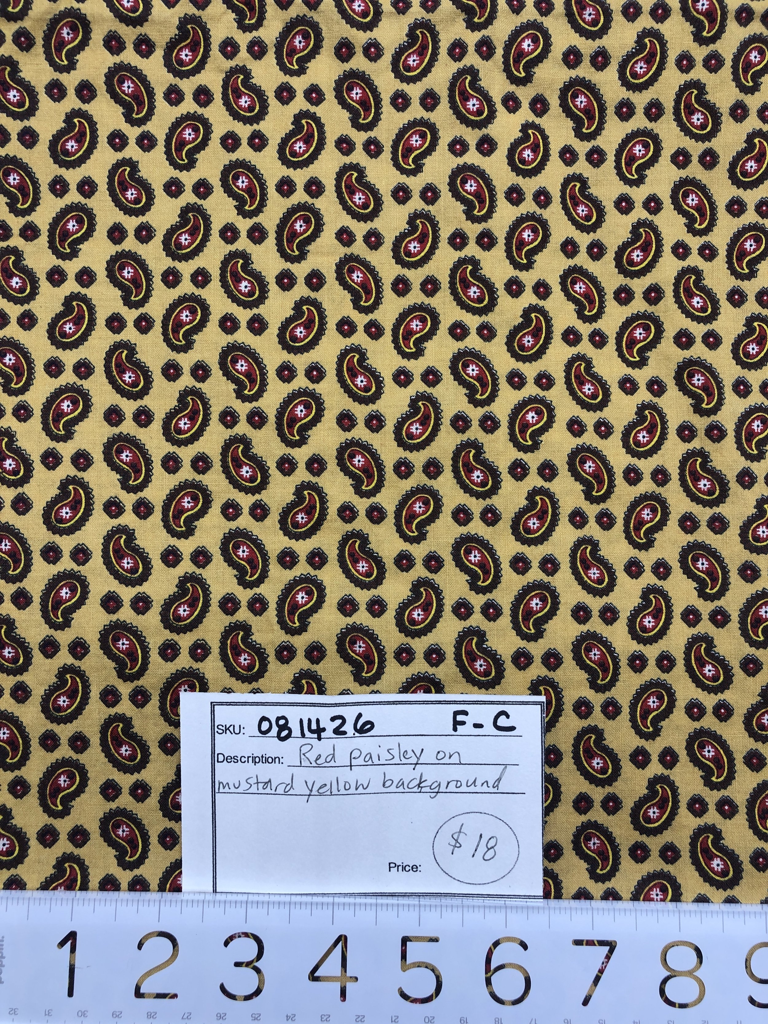 081426-F-C Small red paisleys on yellow; Cotton; 3 yds x 43"