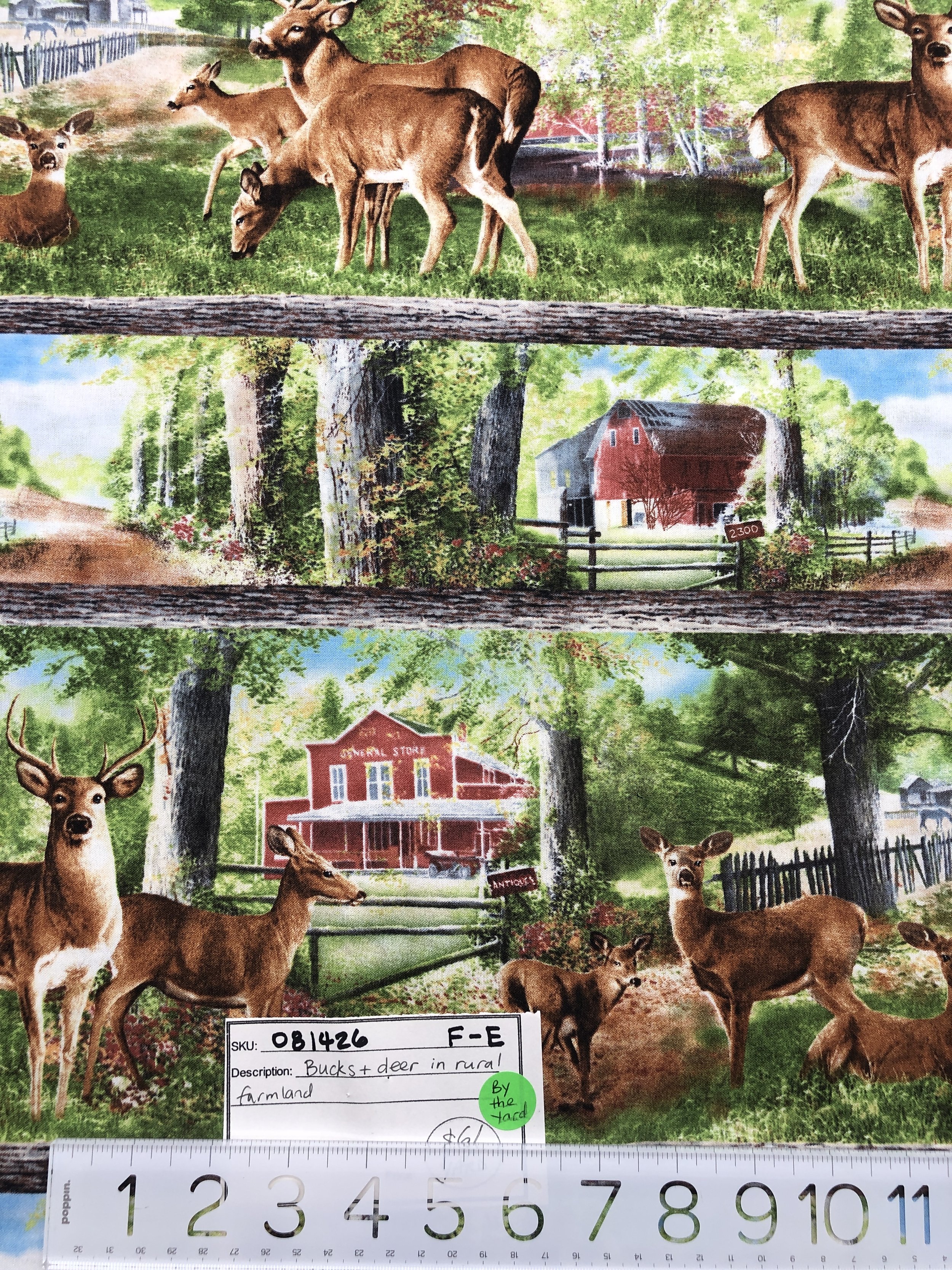 081426-F-E Bucks and deer on farmland; Cotton; 44"; By the yd