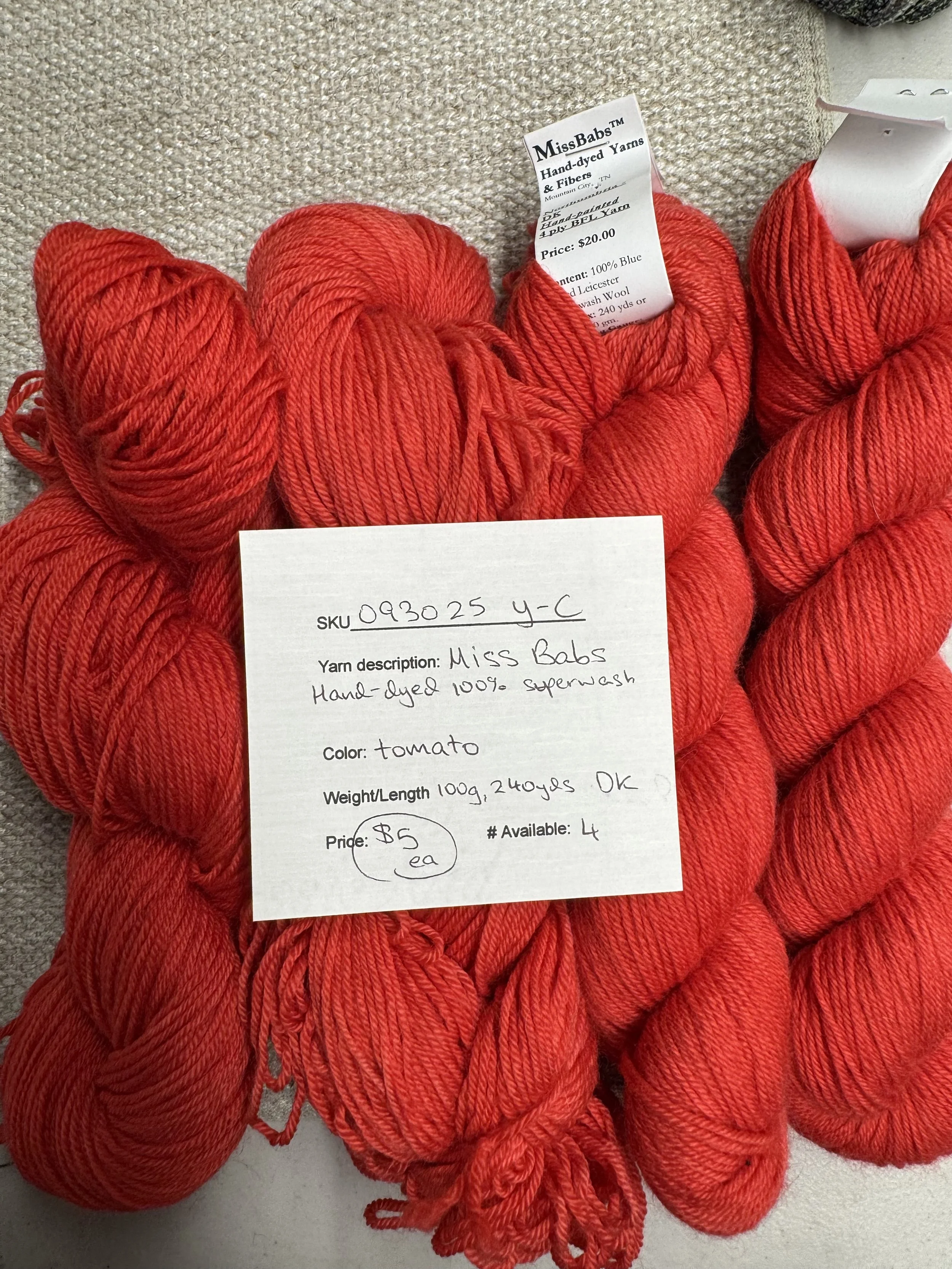 093025-Y-C Miss Babs Hand-Dyed 100% superwash, red, 100g 240 yd, 6 available