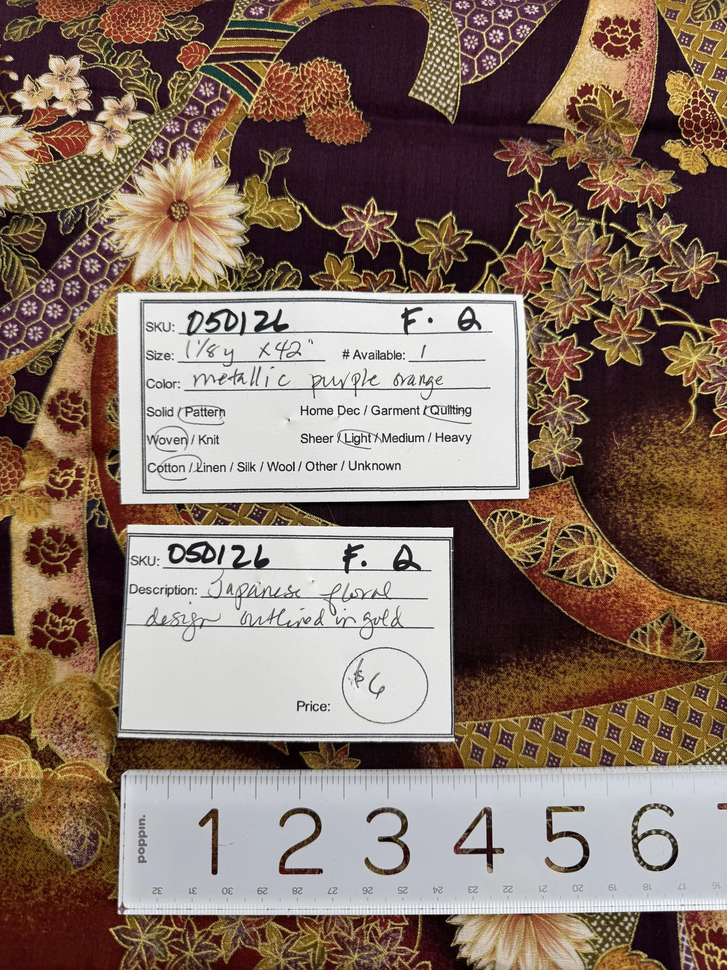 050126-F-Q Japanese floral design in purple/orange with gold accents, Quilting Cotton; 1 1/8 yd x 42"