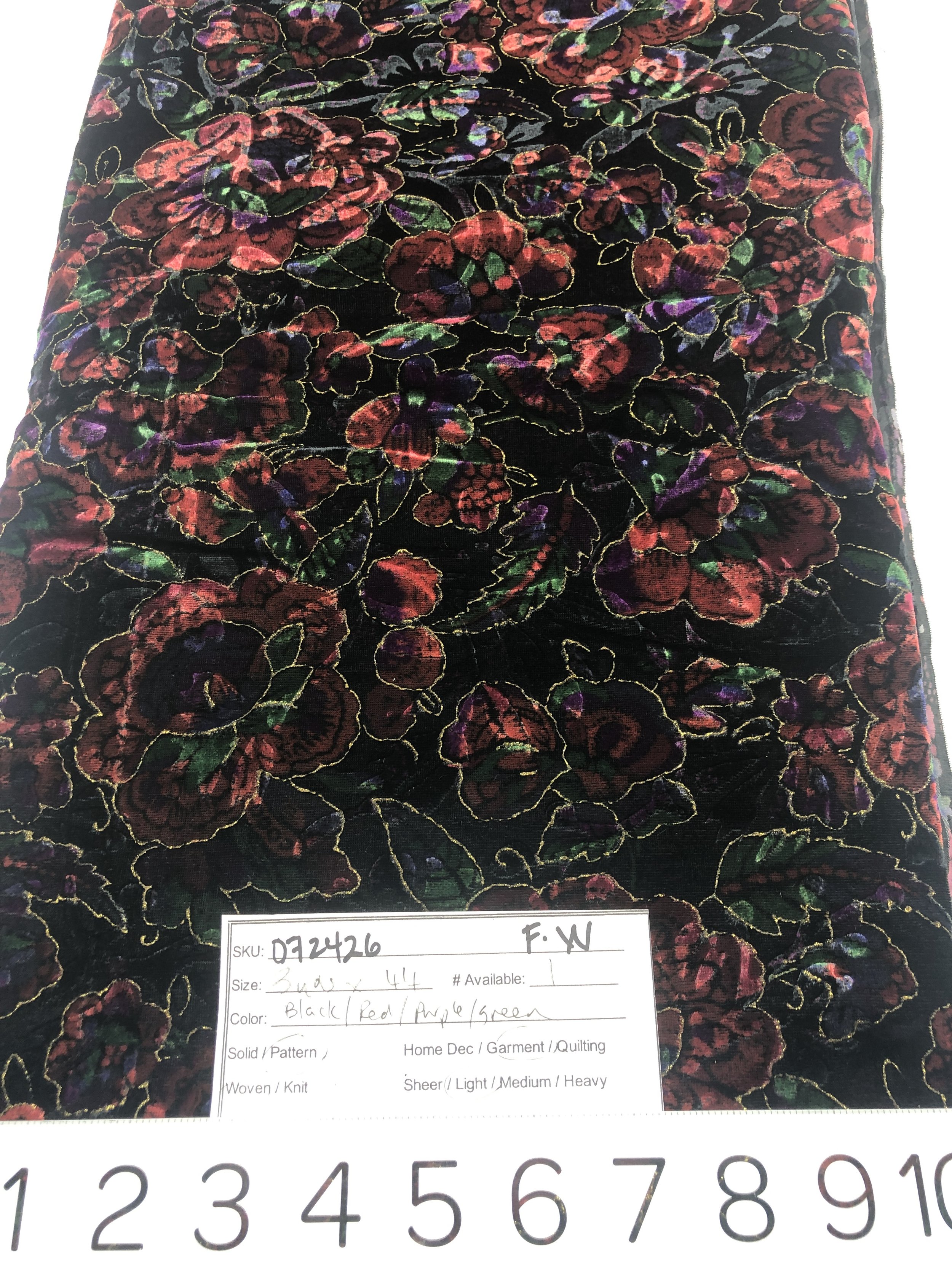 072426-F-W Floral print on black velvet; 3 yds x 44"