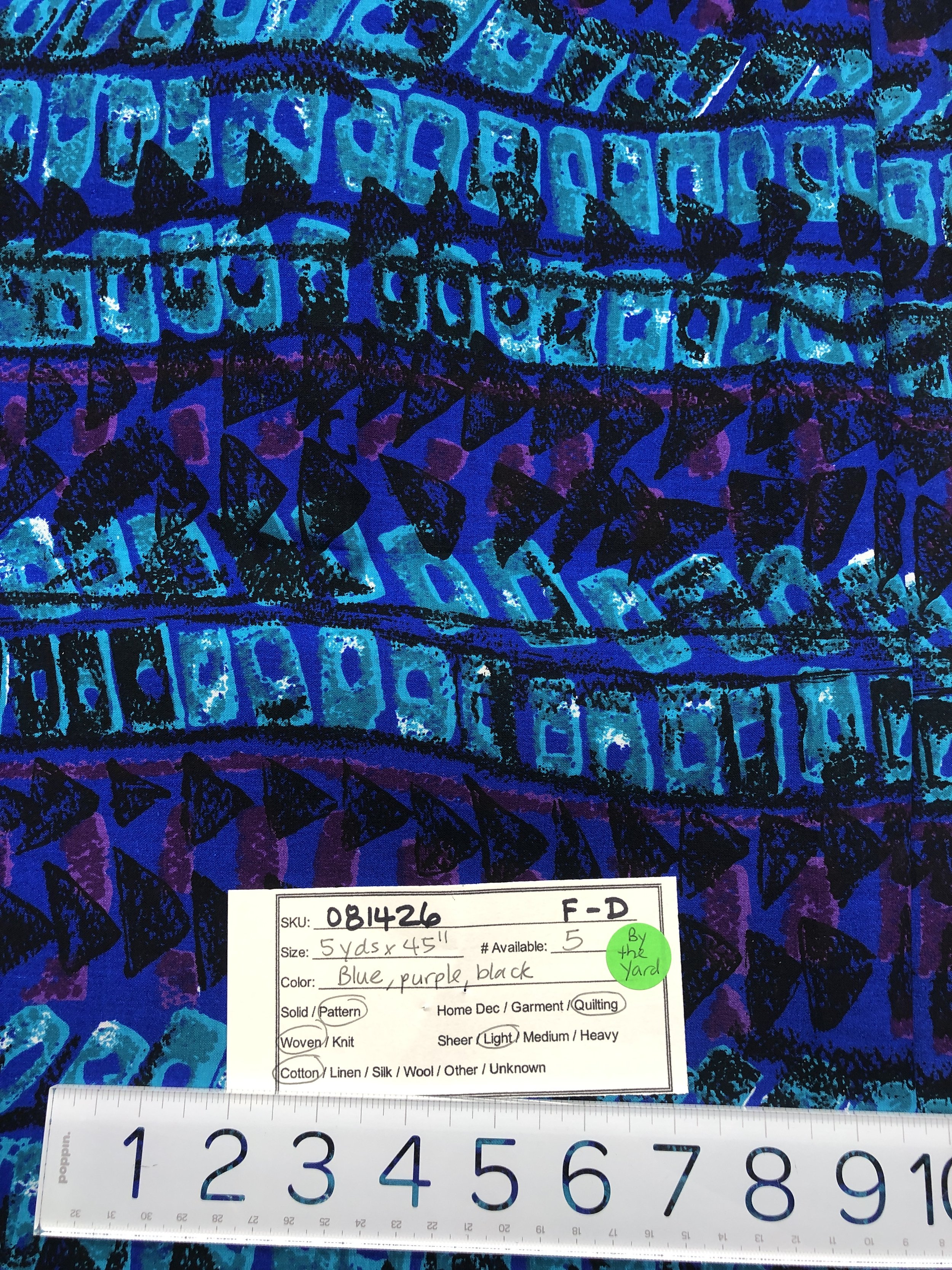 081426-F-D Geometric shapes on blue; Cotton; 45"; By the yd