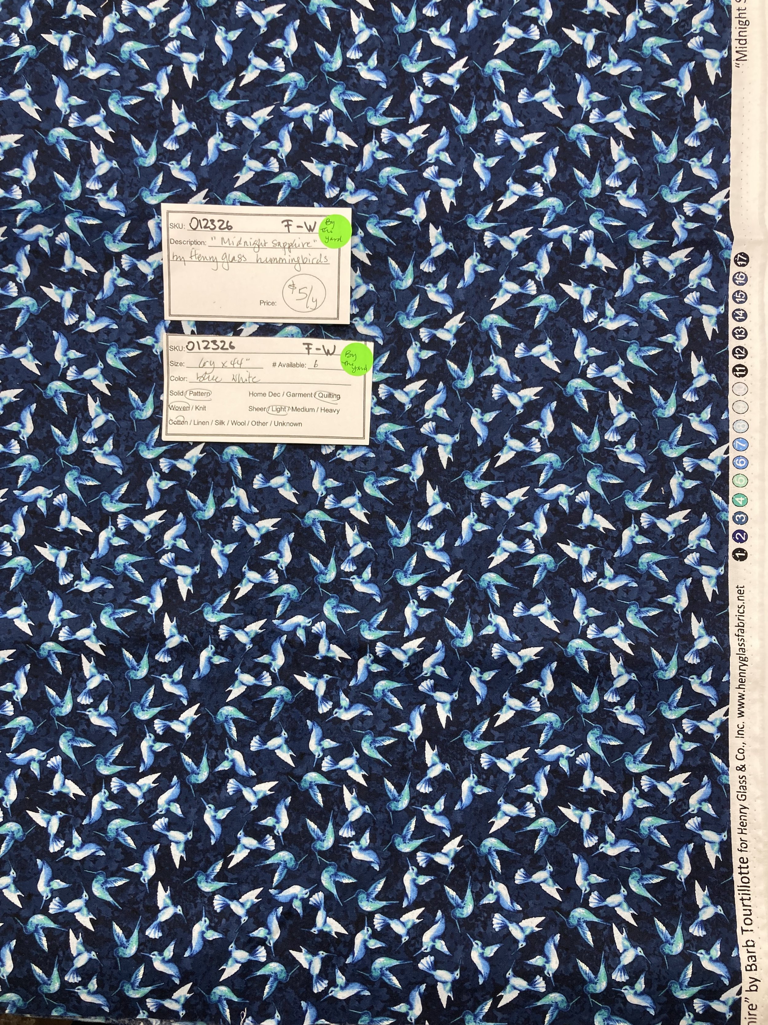 012326-F-W Hummingbirds on blue; Cotton; 44"; by the yd