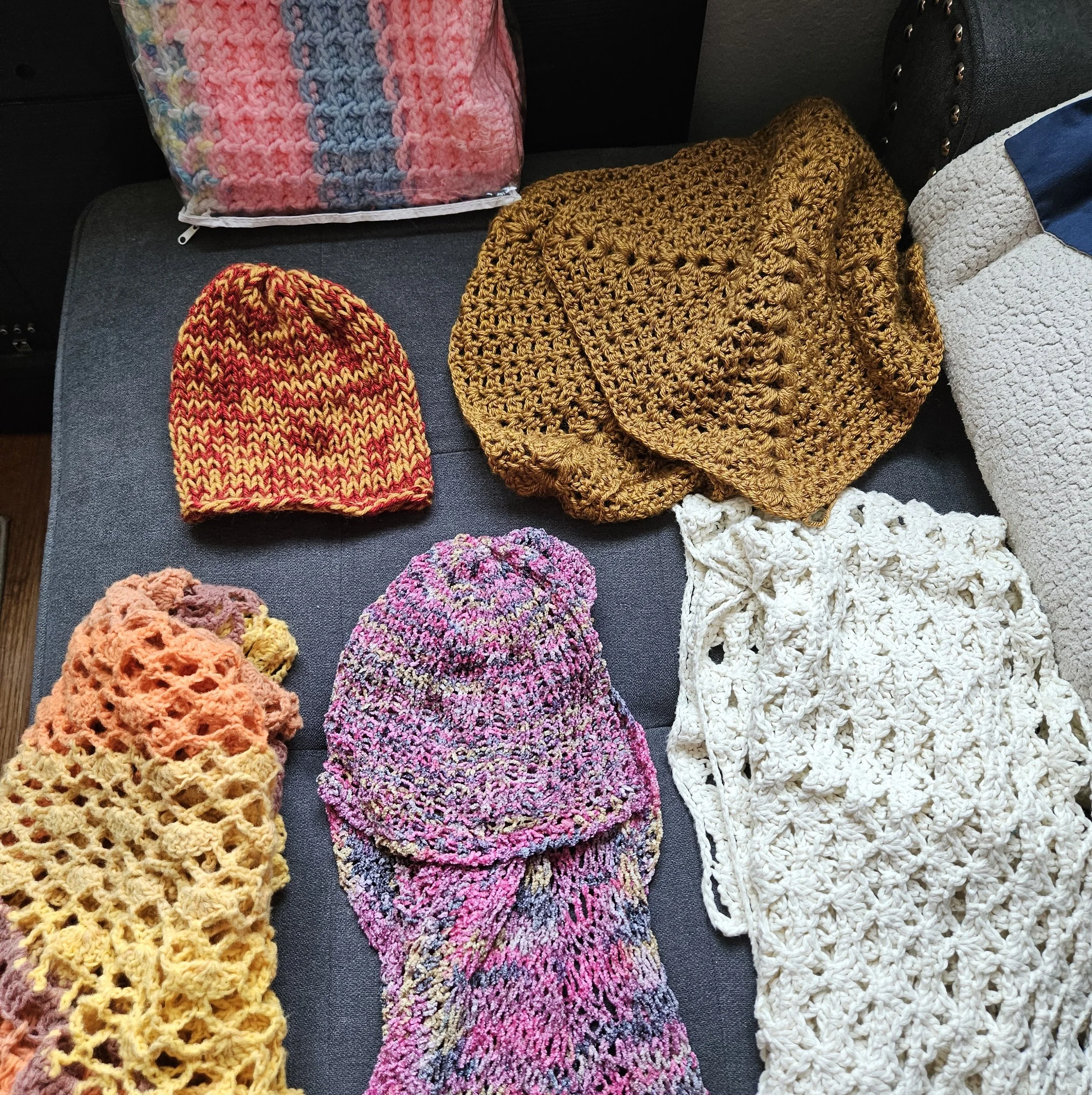 Crocheted hats and scarves