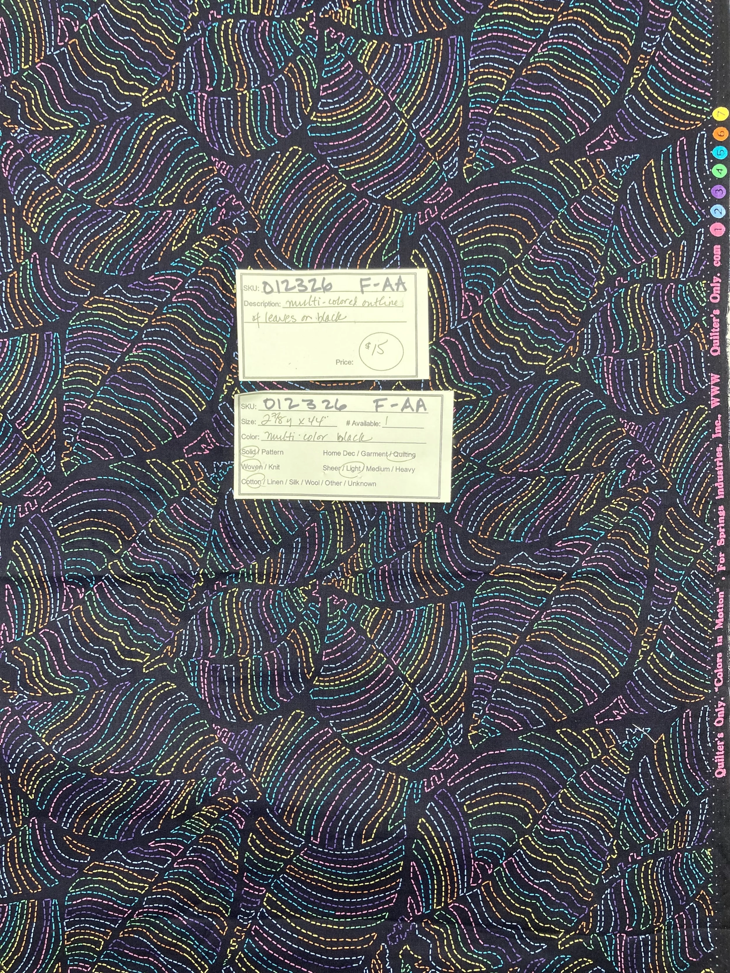 012326-F-AA Multicolored outlined leaves; Cotton; 2 7/8 yds x 44"