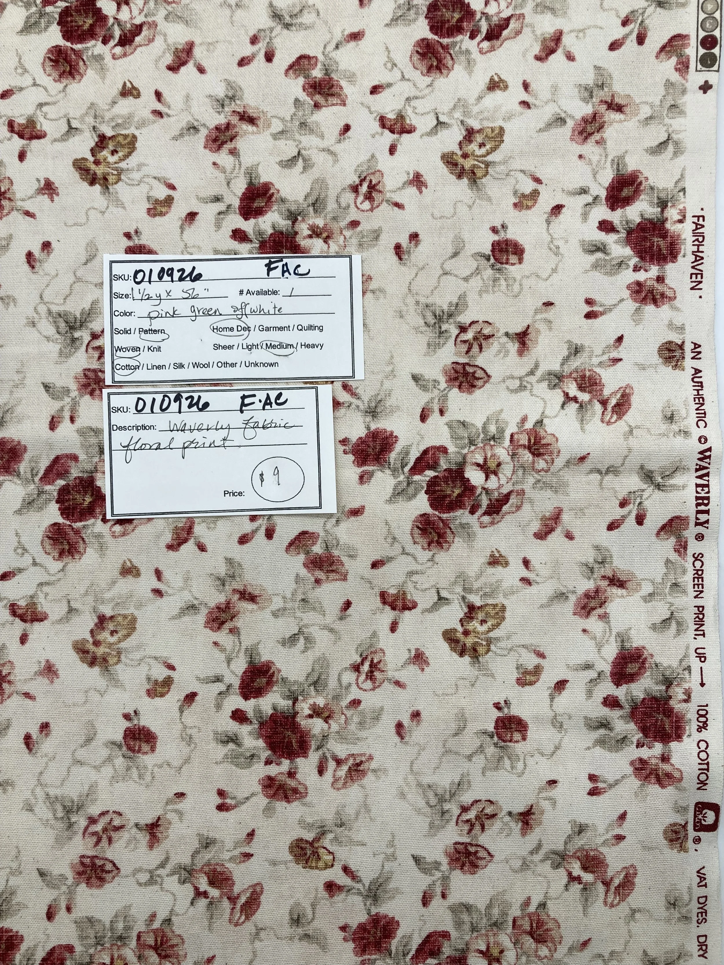010926-F-AC Pink flowers on off-white, Cotton; 1 1/2 yd x 56"