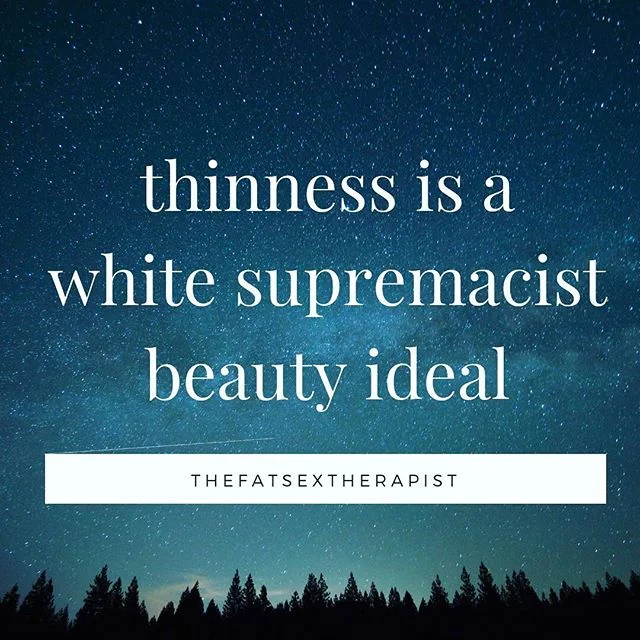 thinness is not a eurocentric beauty ideal. thinness is white supremacist beauty ideal. every time we use euphemisms like caucasian or european, we coddle white fragility and therefore white supremacy.
.
sometimes it&rsquo;s easier to throw away a beauty ideal when we understand it&rsquo;s problematic, oppressive, and actively contributing to the dehumanization of fat people. in fact, many folks in eating disorder recovery walk up to me after my workshops and ask my consent to hug me. (i love hugs. so i usually say yes!) they express that knowing their eating disorder is oppressive to themselves (&amp; others) helps them to want to stay in recovery. this dichotomy is especially easy for rigid thinkers to grasp.
.
but the weirdest pushback i get around this understanding of white supremacy involves east asian countries also valuing thinness. if you don&rsquo;t live in asia or have family from there, then it might be harder to grasp that US culture is imported by other places in the world when we watch US movies or follow US pop culture. thinness is a export of &ldquo;modern Western advanced developed&rdquo; (sarcasm) culture and it&rsquo;s actually a form of imperialism. .
in addition to that, asians can still be white supremacist. for example, using skin bleaching (fairness) creams is white supremacist. asian family systems can also have different understandings of children as property, the gendered body as a tool of the nation state, and the over importance of controlled body size as a symbol of desirability. so the answer is a bit more complicated, but thinness (at least in the white supremacist western US context in which i&rsquo;m writing this post) is a white supremacist beauty ideal.
.
if you&rsquo;re curious about how white supremacist nazis in the US today prioritize thinness as a white supremacist beauty ideal, google this article &ldquo;&lsquo;Obesity should not be tolerated&rsquo;: Neo-Nazi website orders fat, badly dressed readers to get sexy.&rdquo; i would also highly recommend joining @chairbreaker new patreon as they write about colonialism and fatness brilliantly in ways that feel accessible to me ☺️