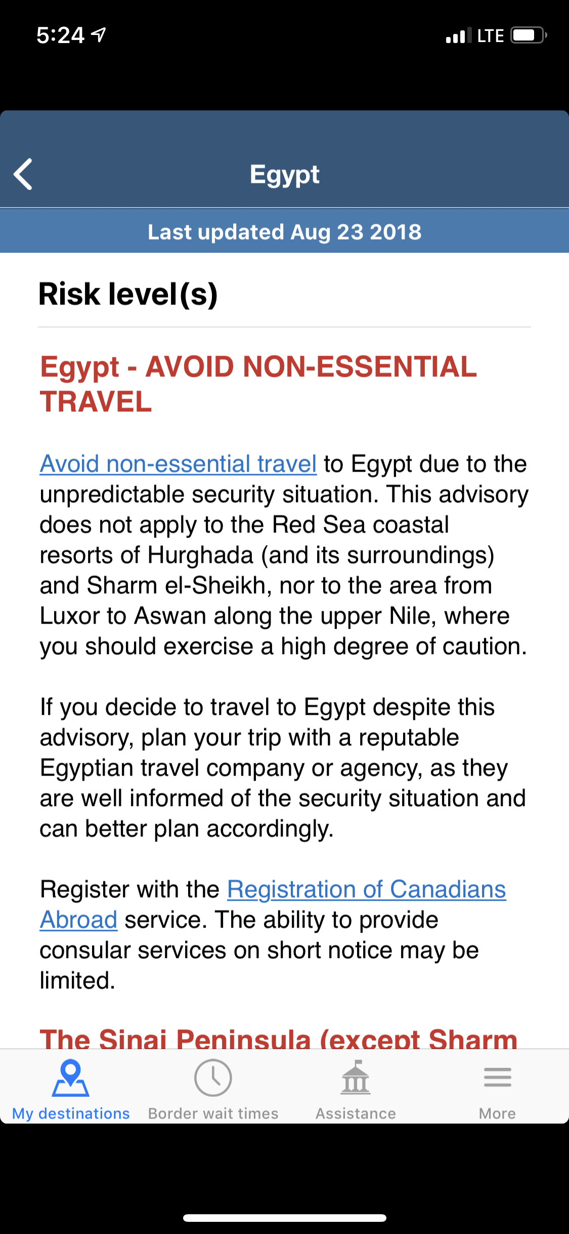 This is the screenshot from the Travel App the day we arrived.