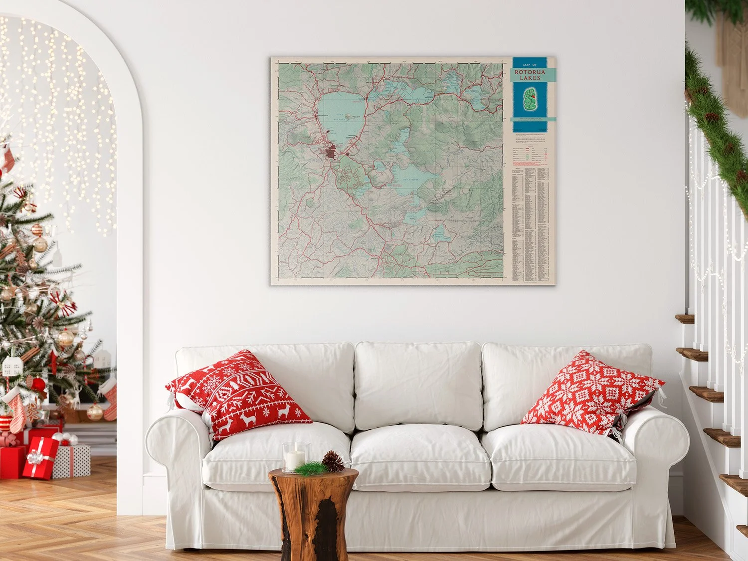 Vintage Rotorua Lakes map hanging on home wall at Christmas | a great backyard print studio New Zealand