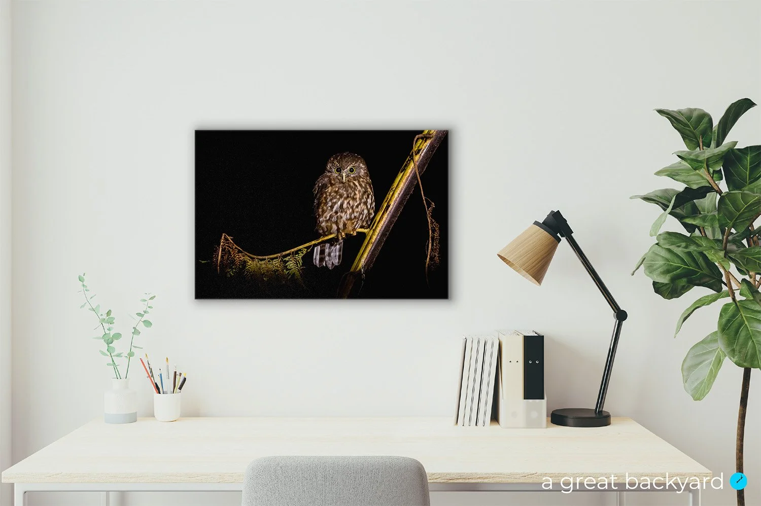 Morepork print hanging on home wall | a great backyard proudly made in New Zealand