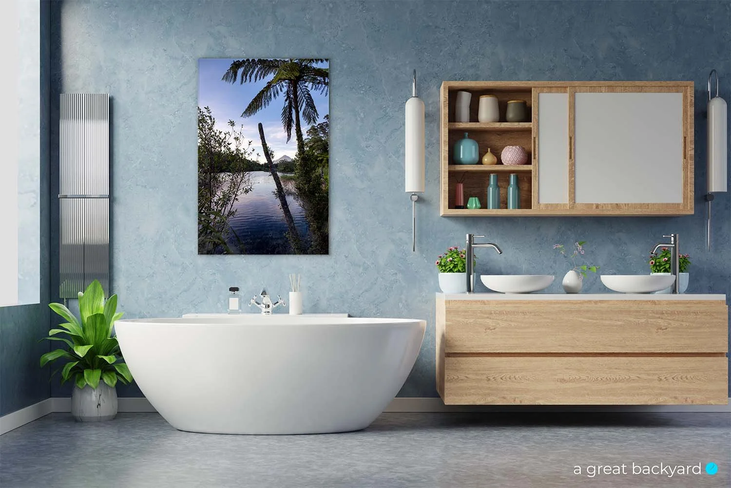 Mangamahoe dawn print on bathroom wall | a great backyard print and photography