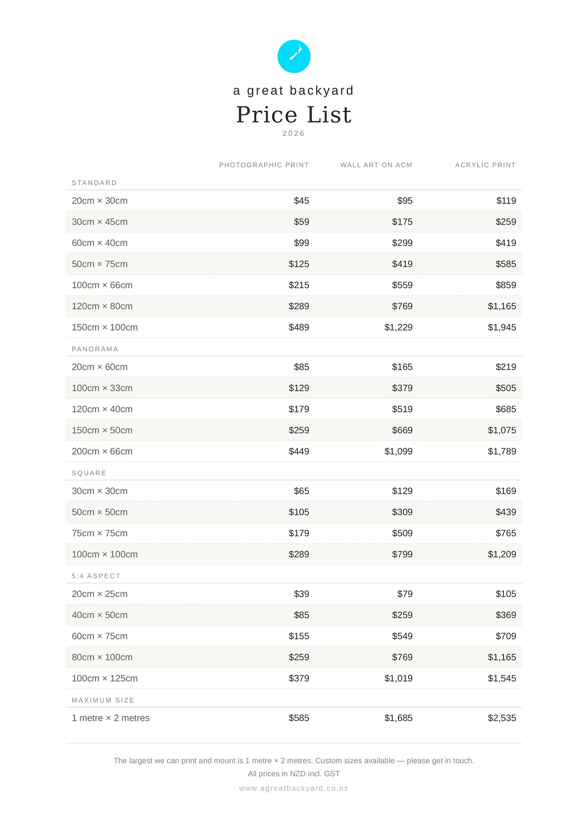 Pricelist for a great backyard prints