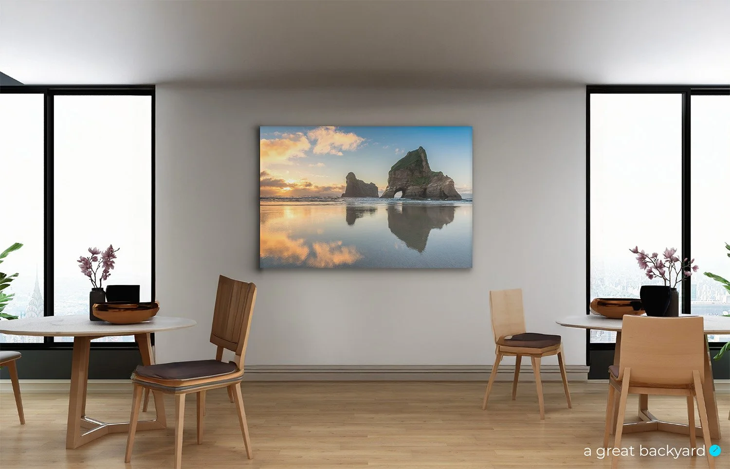 Wharariki Reflection print on office wall | a great backyard New Zealand landscape photography