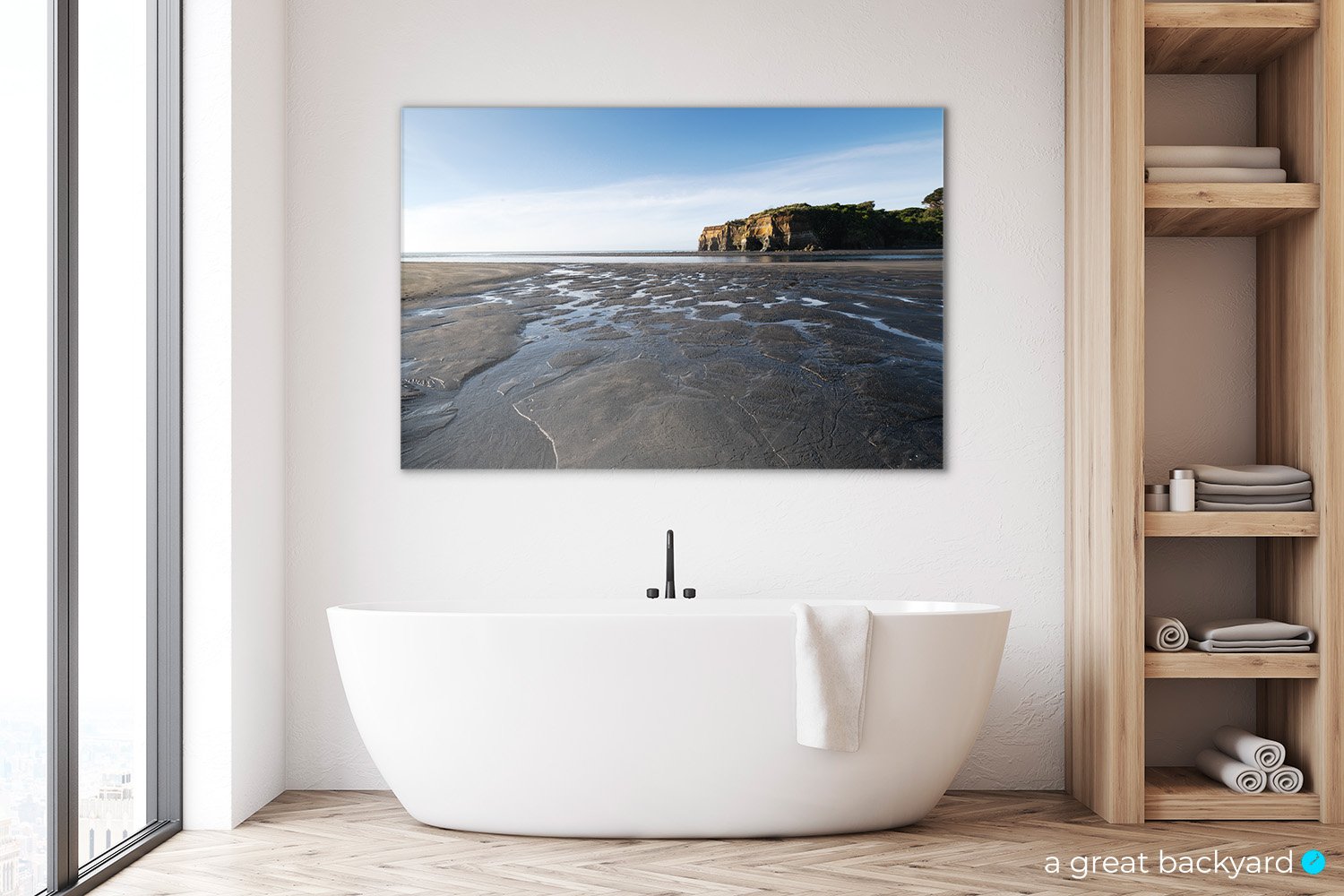 Print of Tongapōrutu beach at low tide hanging on bathroom wall | a great backyard print specialists