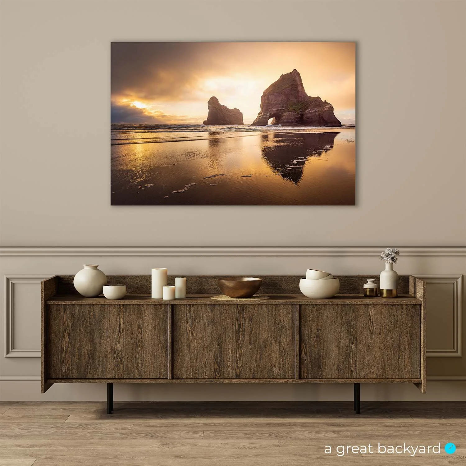 Wharariki Sunset print on interior wall | a great backyard epic New Zealand photography