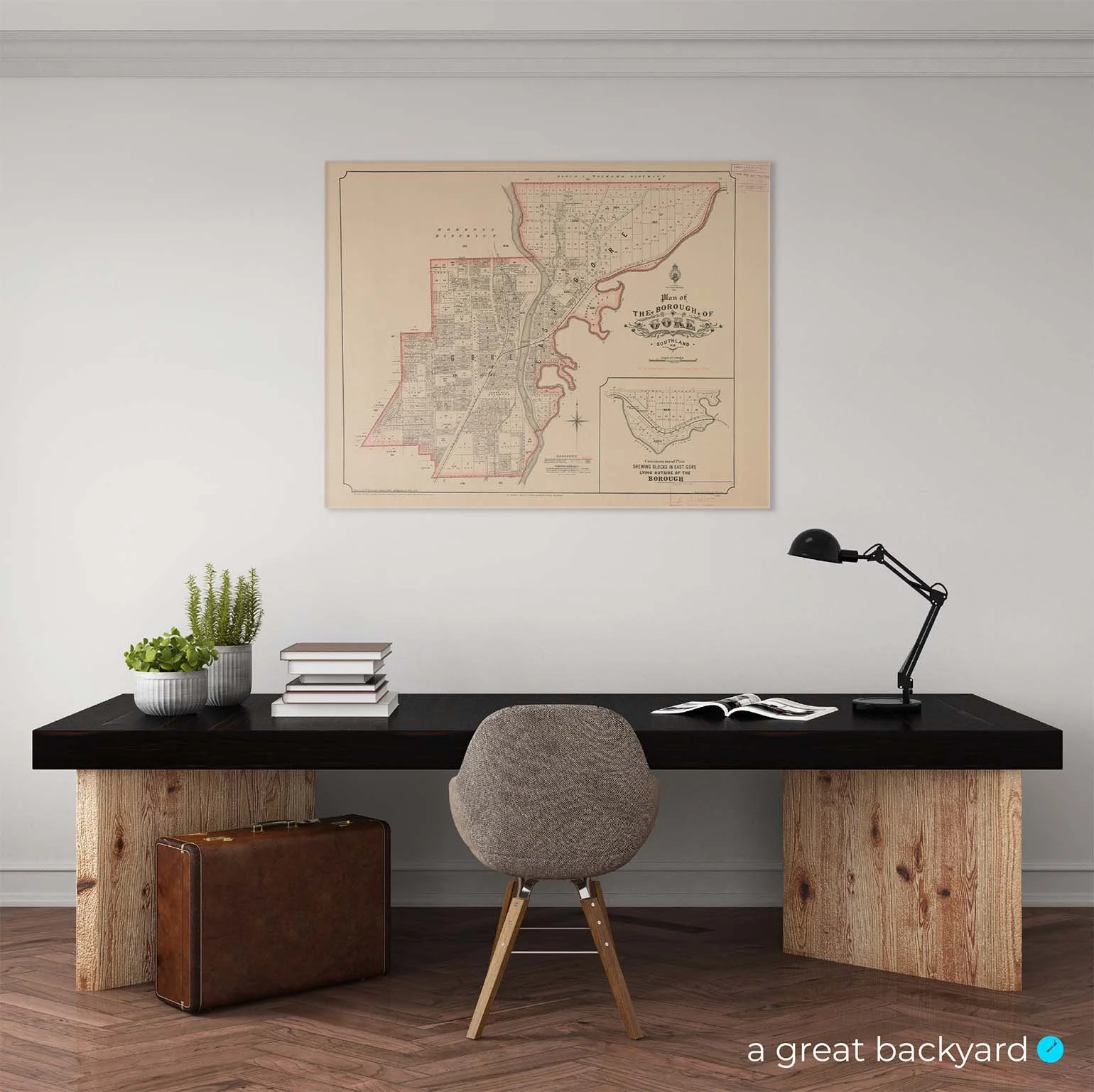 Vintage map of Gore on office wall | Hand-crafted by a great backyard NZ