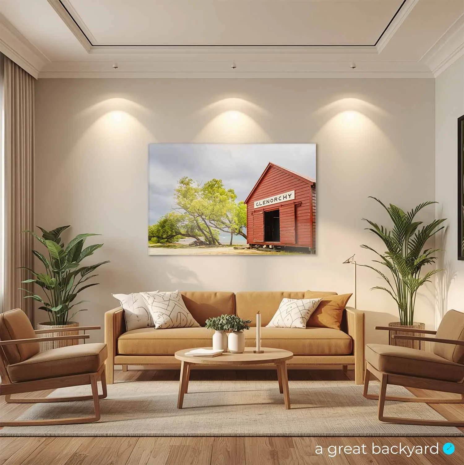 Glenorchy Red Shed print on home wall | a great backyard Statement Wall Art