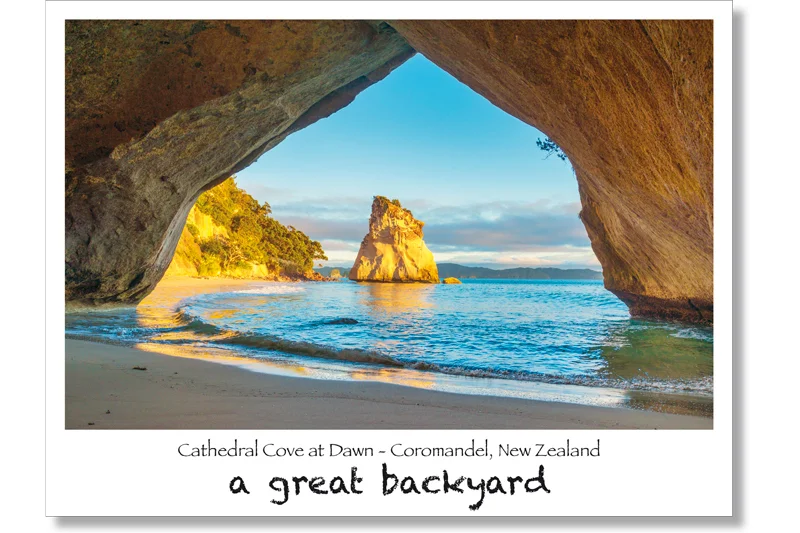Cathedral Cove Dawn Postcard by Corin Walker Bain | a great backyard photography NZ
