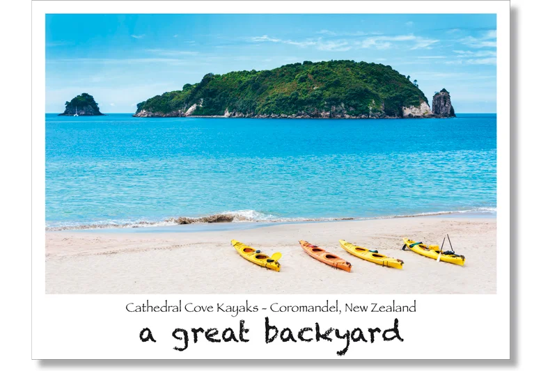 Cathedral Cove Kayaks Postcard by Corin Walker Bain | a great backyard photography NZ