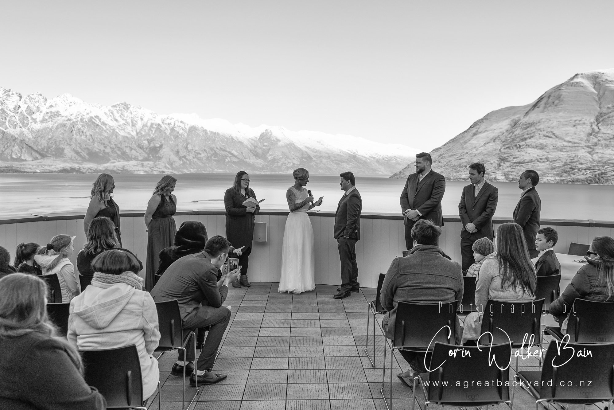 The ceremony, Jah and Teri's Queenstown wedding by New Zealand wedding photographer Corin Walker Bain of a great backyard