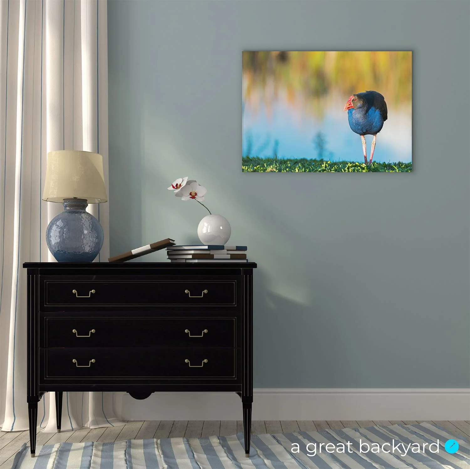 Pukeko print hanging on interior wall | a great backyard print and design