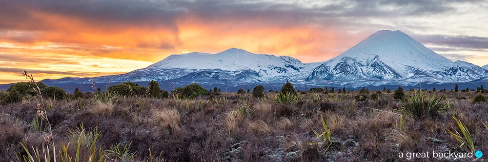 Fiery dawn over snow-covered Mt Ruapehu