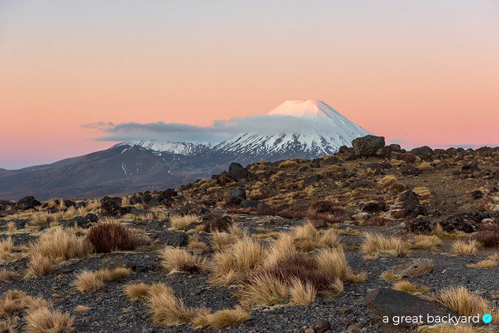 Snow-capped Mt Ngauruhoe at dusky sunset