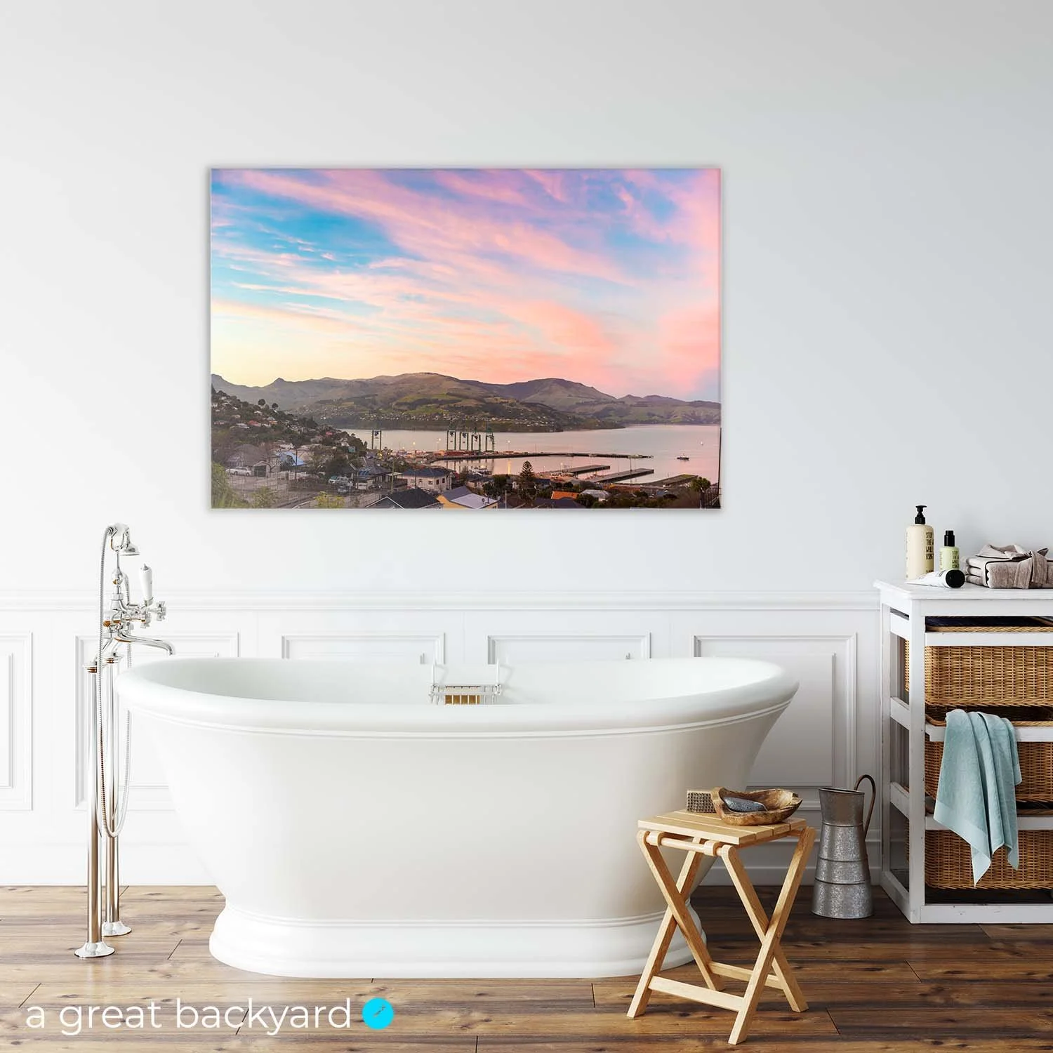 Lyttelton Dawn print on bathroom wall | a great backyard prints made in NZ
