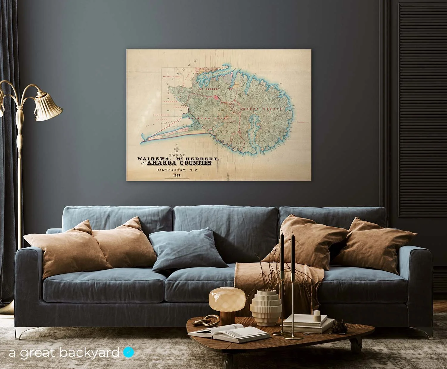 Vintage map of Canterbury, New Zealand hanging on lounge wall