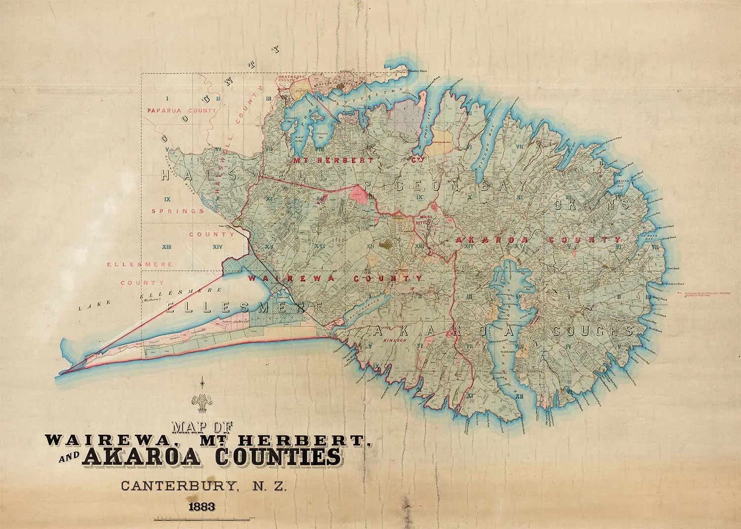 Vintage 1883 map of Canterbury, New Zealand