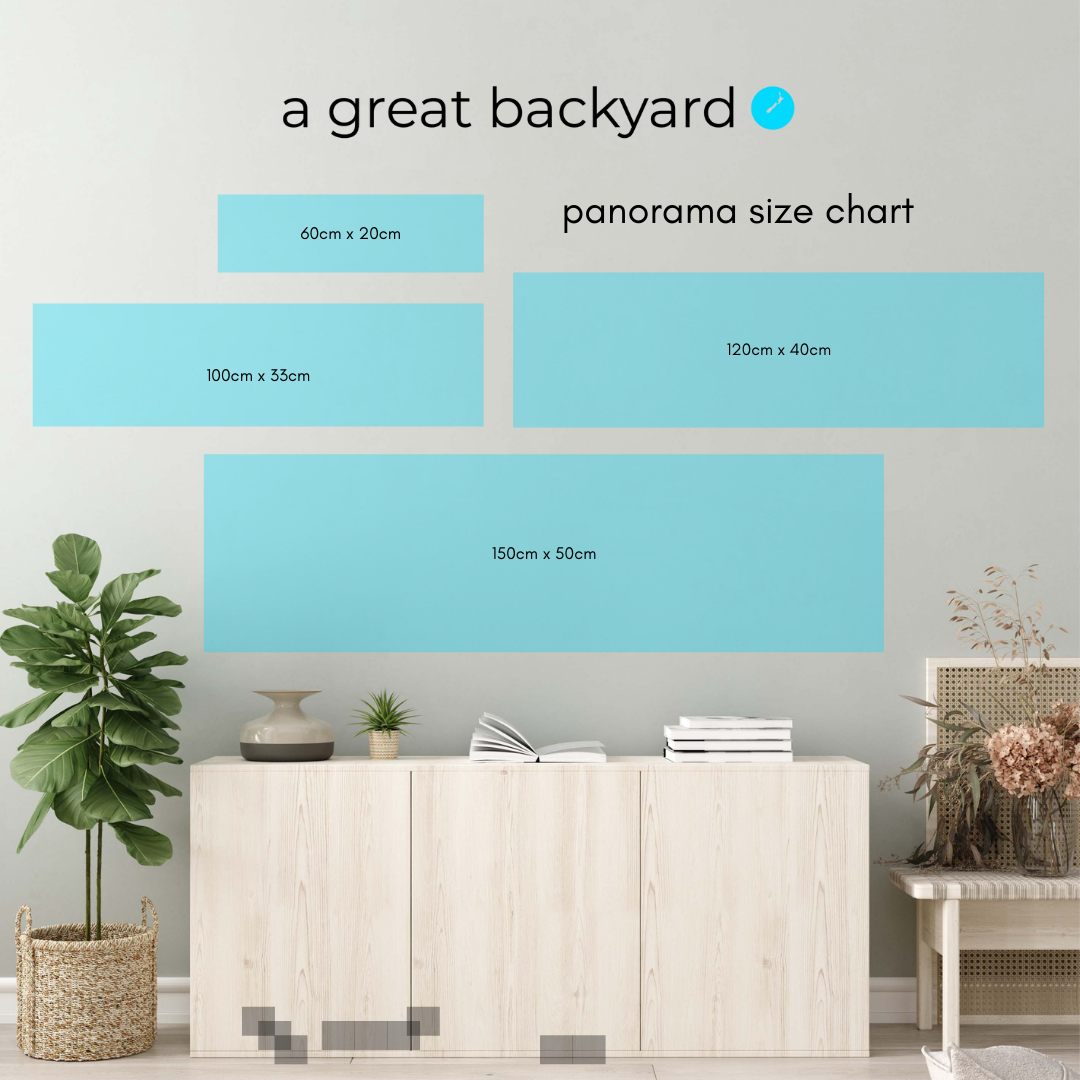 Sideboard and wall featuring acrylic and ACM panorama photo sizes offered by a great backyard's print shop