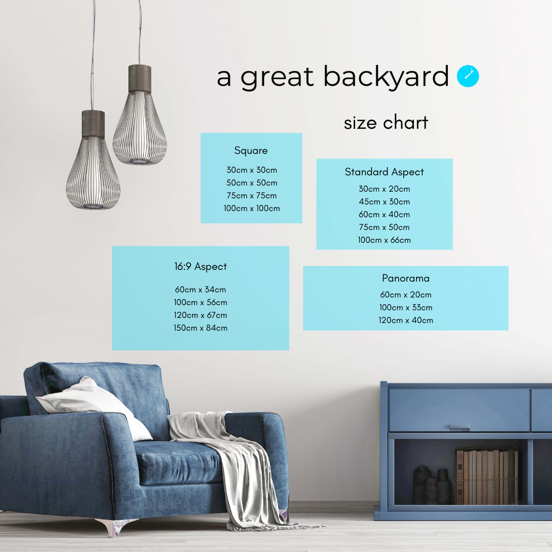 A wall of acrylic and ACM photo sizes offered by a great backyard's boutique print shop