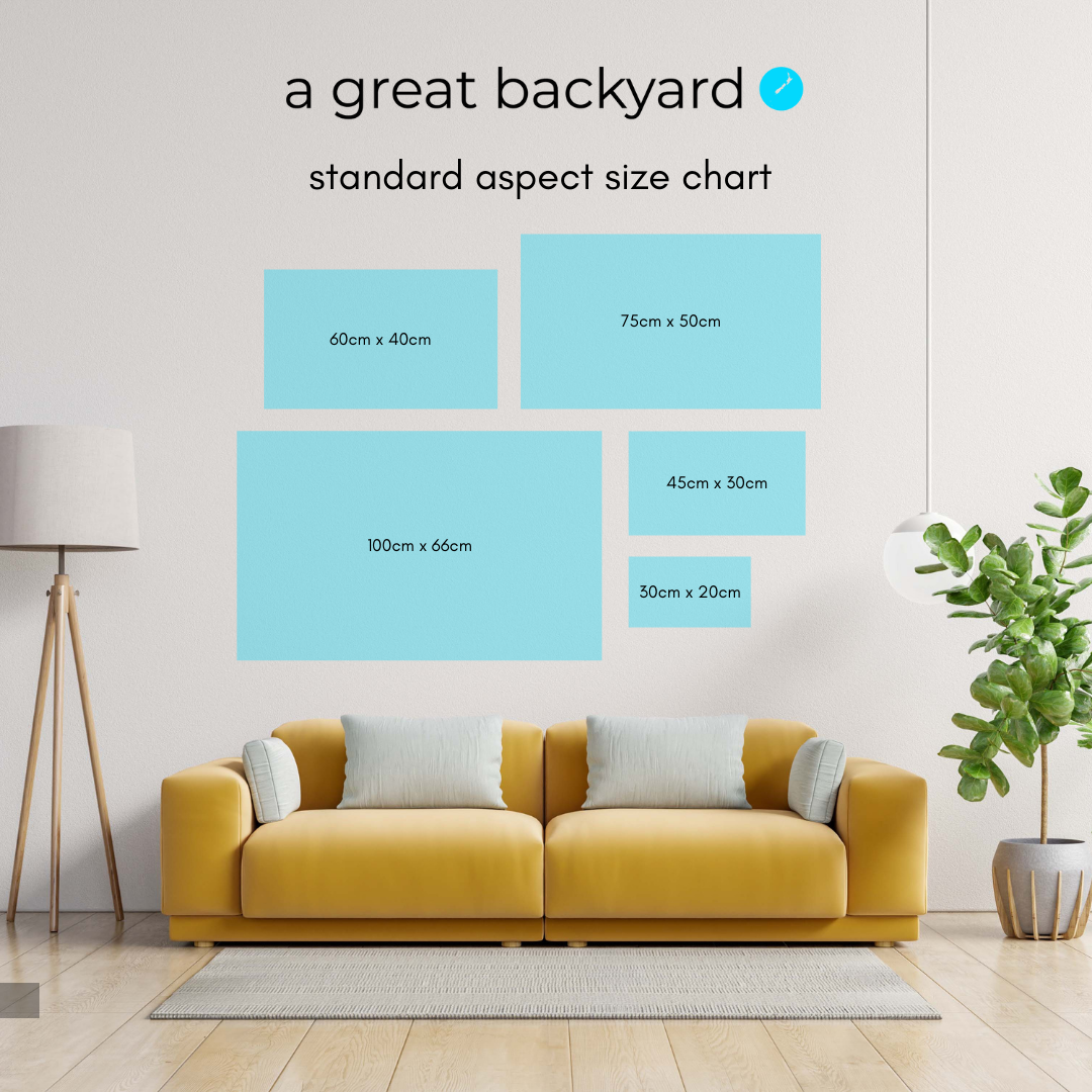 A wall of acrylic and ACM standard photo sizes offered by a great backyard's specialist print shop