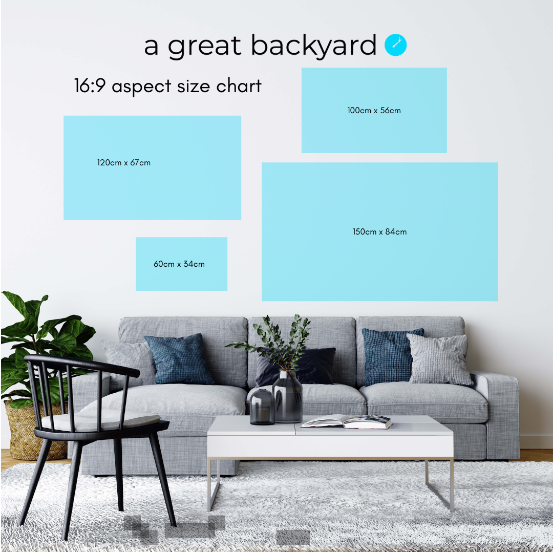 Size chart showing 16:9 print aspects offered by a great backyard New Zealand