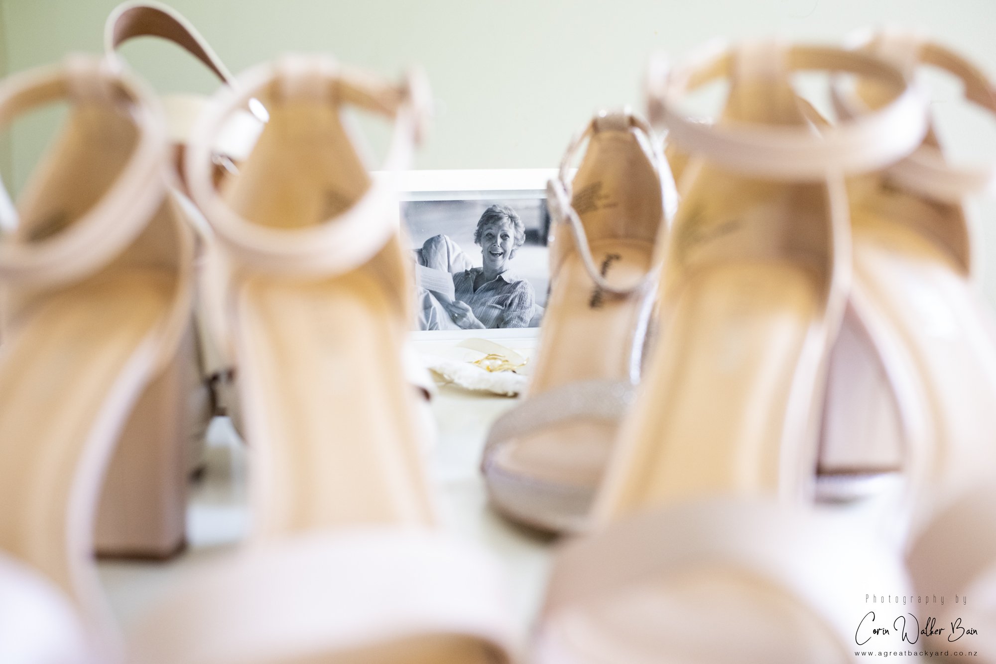 Wedding high heels and framed photo of Mum